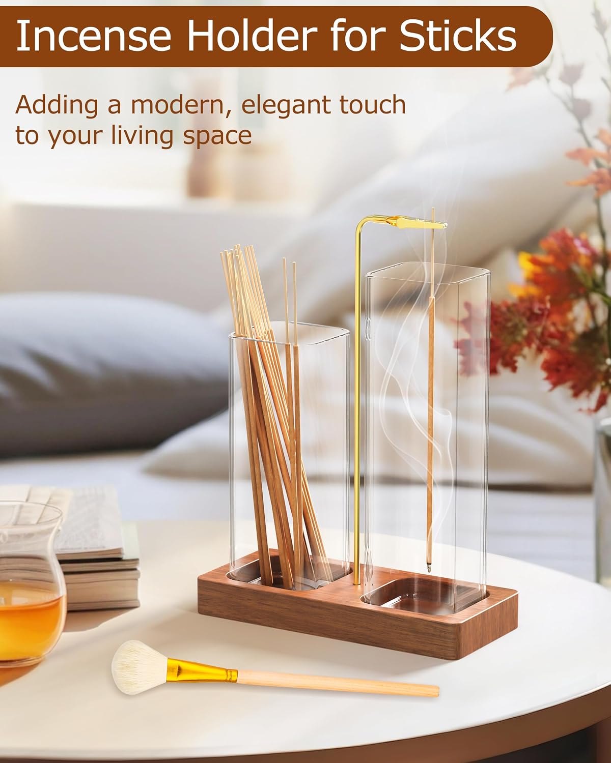 2 in 1 Incense Holder with Glass Jars, Large Incense Holder for Sticks, Upside Down Incense Burner with Ash Catcher &amp; Storage for Meditation Yoga Spa Home Decor - 20 Incense Sticks &amp; Brush