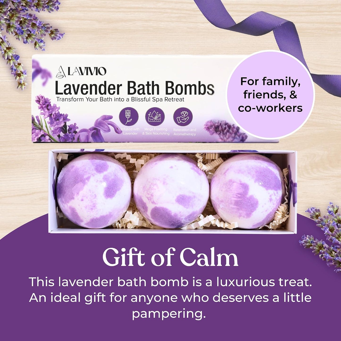 Lavender Bath Bombs for Women - Lavendar Bath Bomb with Shea Butter & Essential Oils - Mega Foaming, Relaxing, Moisturizing, for Stress Relief & Dry Skin - 3 x 100g - Gift Set
