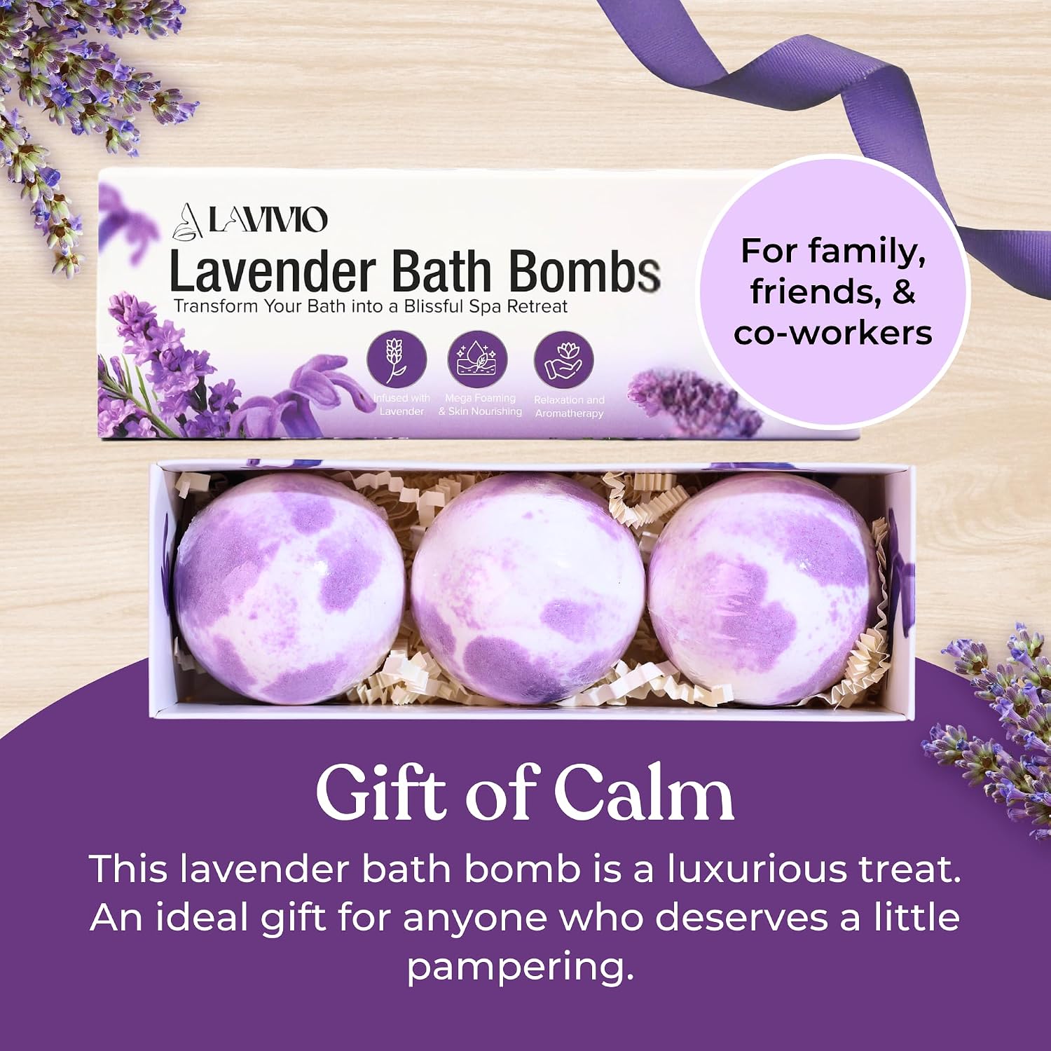 Lavender Bath Bombs for Women - Lavendar Bath Bomb with Shea Butter & Essential Oils - Mega Foaming, Relaxing, Moisturizing, for Stress Relief & Dry Skin - 3 x 100g - Gift Set