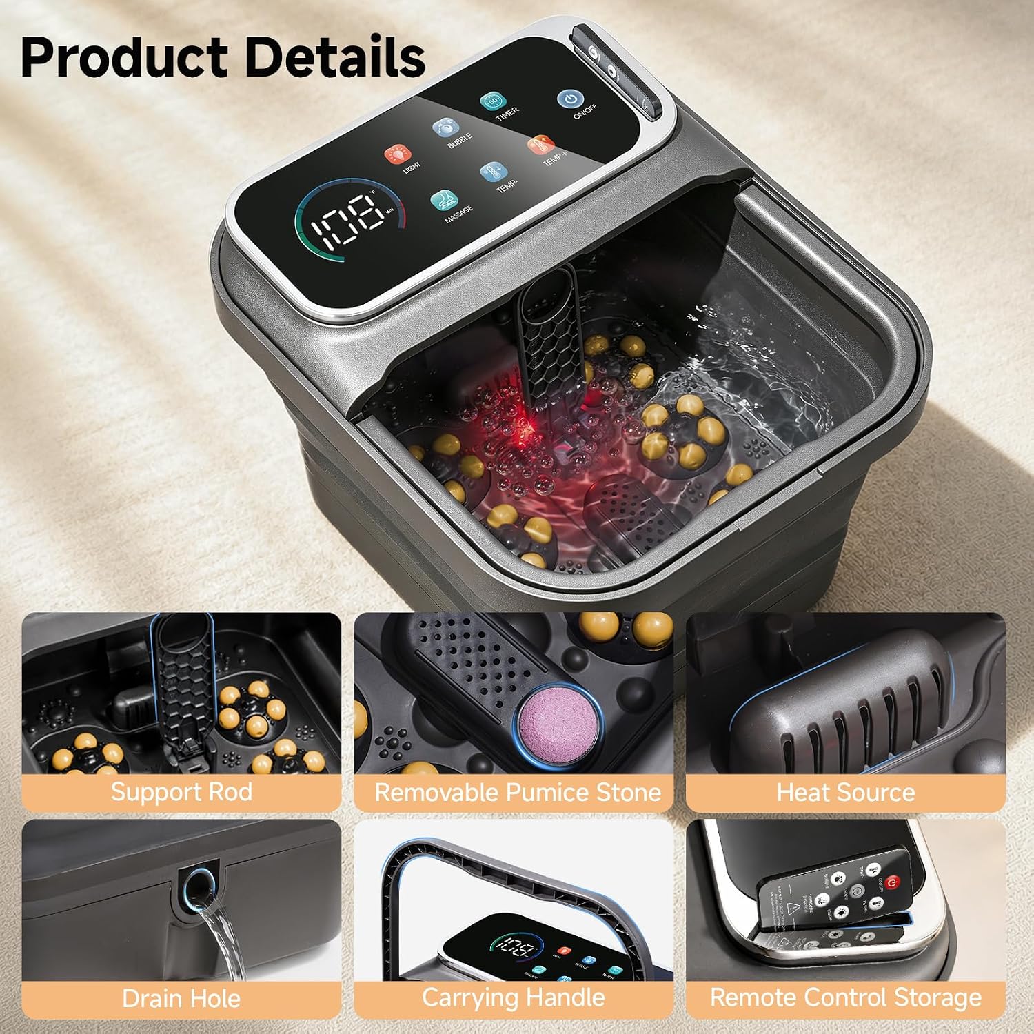 AAOBOSI Collapsible Foot Bath with Heat, Foot Massager Spa Soaking Tub with Bubble, Remote Control, Temp Control, and 30 Motorized Shiatsu Massage Balls, Pedicure Spa at Home for Stress Relief (Grey)