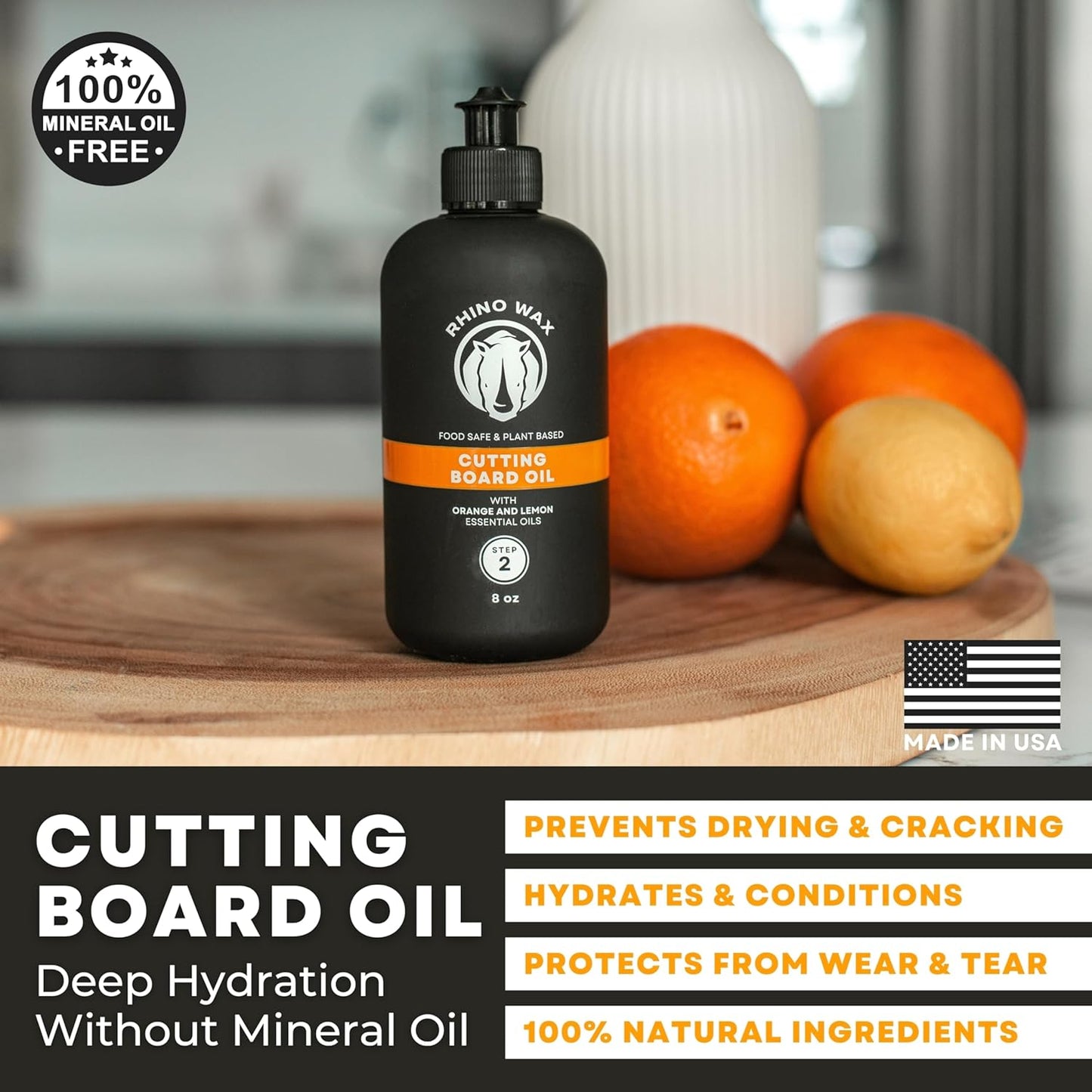 Rhino Wax Coconut Cutting Board Oil 8oz - Premium Natural Oil Blend (NO Mineral Oil) - Food Grade Oils for Cutting-Boards - Protect Wood Surfaces from Cracking or Warping - Made in the USA
