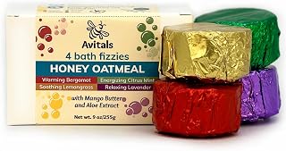 Bath Bombs for Sensitive Skin – Oatmeal & Honey Moisturizing Soak, No Dyes, No Tub Stains, 4 Scent Variety Pack (Lavender, Citrus Mint, Bergamot, Lemongrass)