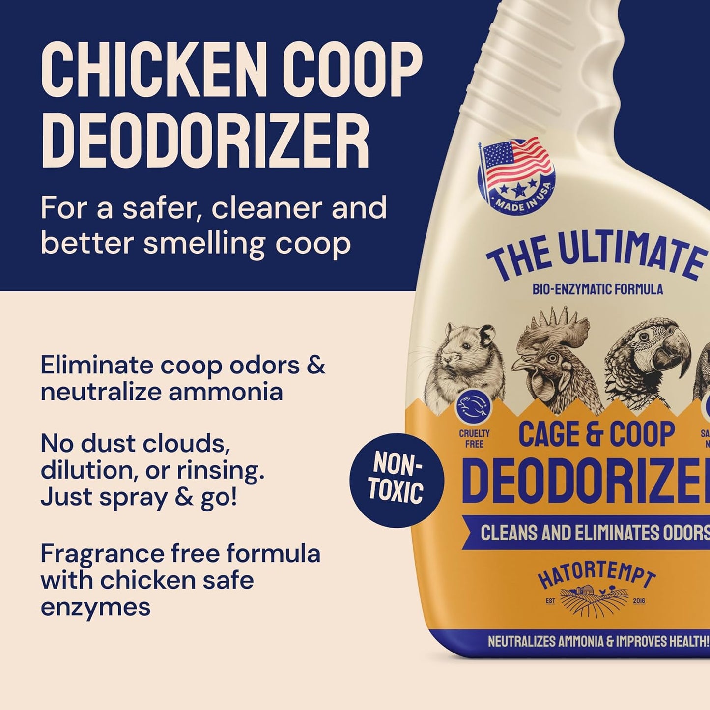 Hatortempt Chicken Coop Deodorizer & Cleaner Spray - 32 fl oz, Unscented - Ammonia Control Odor Eliminator & Coop Refresher for Chickens