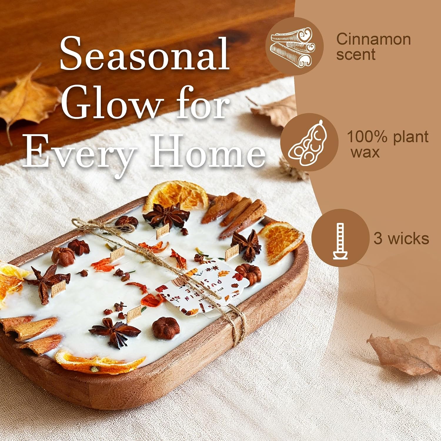 6 Wick Spice Decorated Scented Candle in Wooden Bowl - 20 Oz Aromatherapy Soy Wax Candle for Home Holiday Decor - Cinnamon Spice Cinnamon Clove Scented-CIN