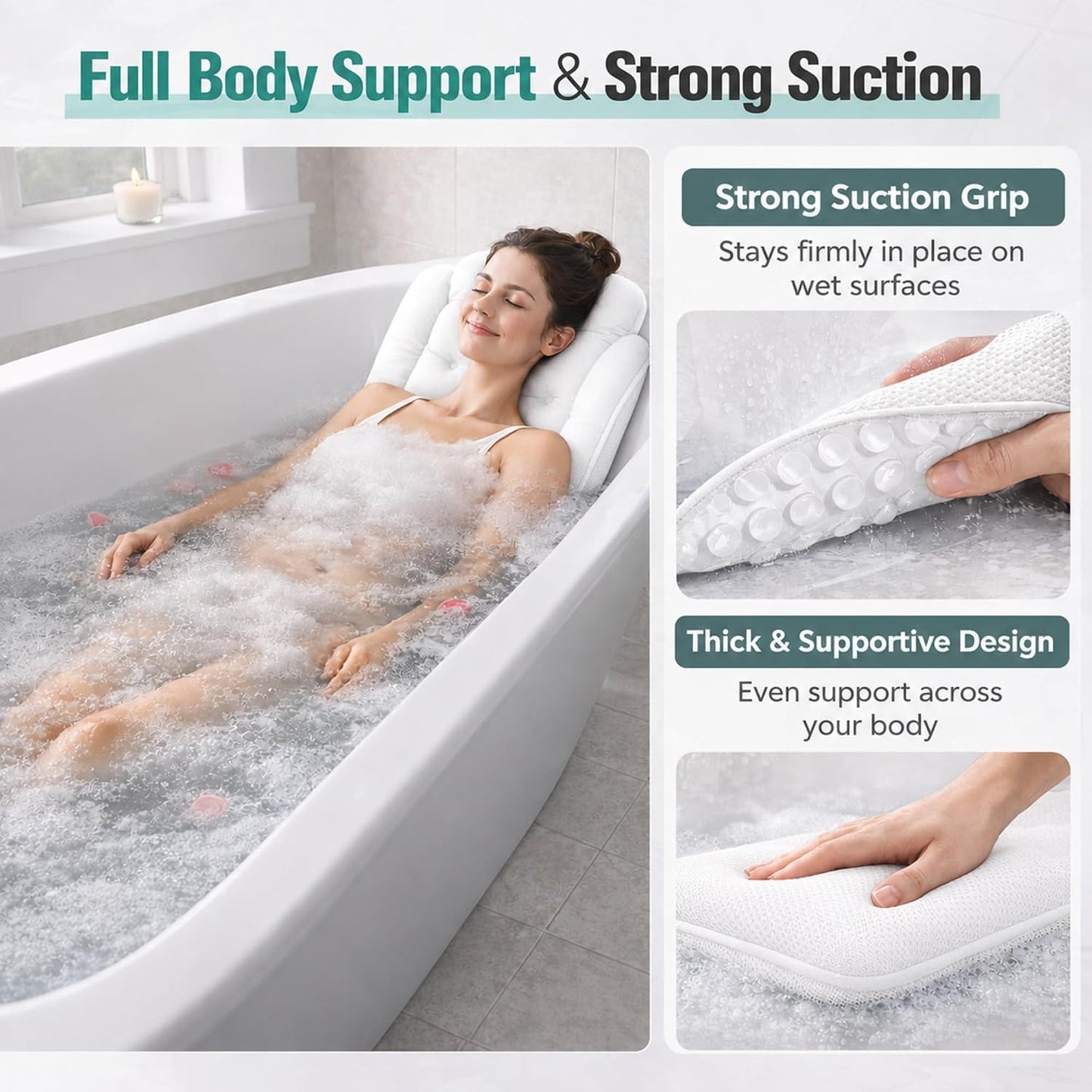 Full Body Bathtub Pillow, Extra Long & Thick Bath Cushion with Strong Suction Cups, Soft Head Neck & Back Support for Master Bathroom Evening Soaking (White)