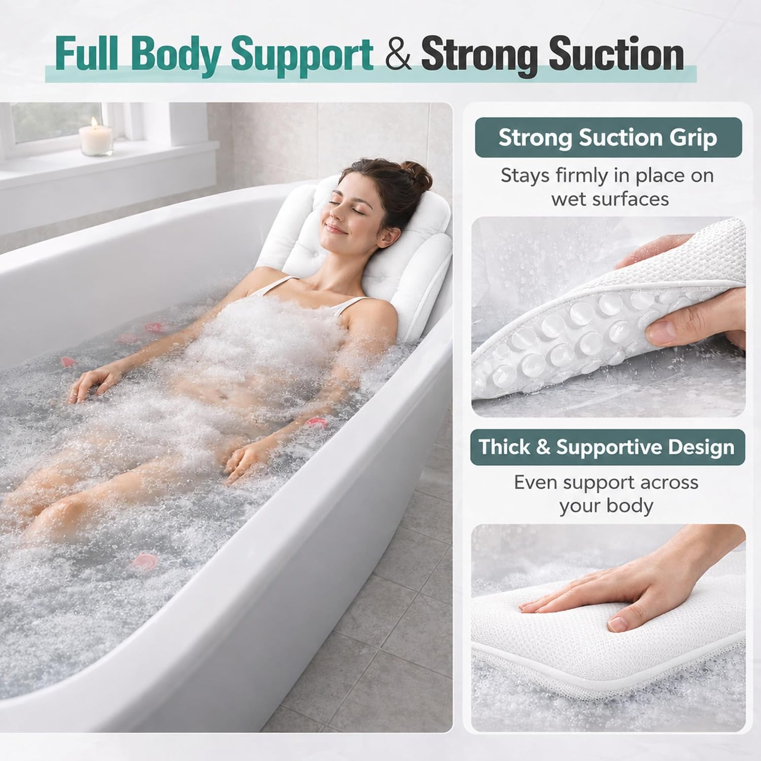Full Body Bathtub Pillow, Extra Long & Thick Bath Cushion with Strong Suction Cups, Soft Head Neck & Back Support for Master Bathroom Evening Soaking (White)
