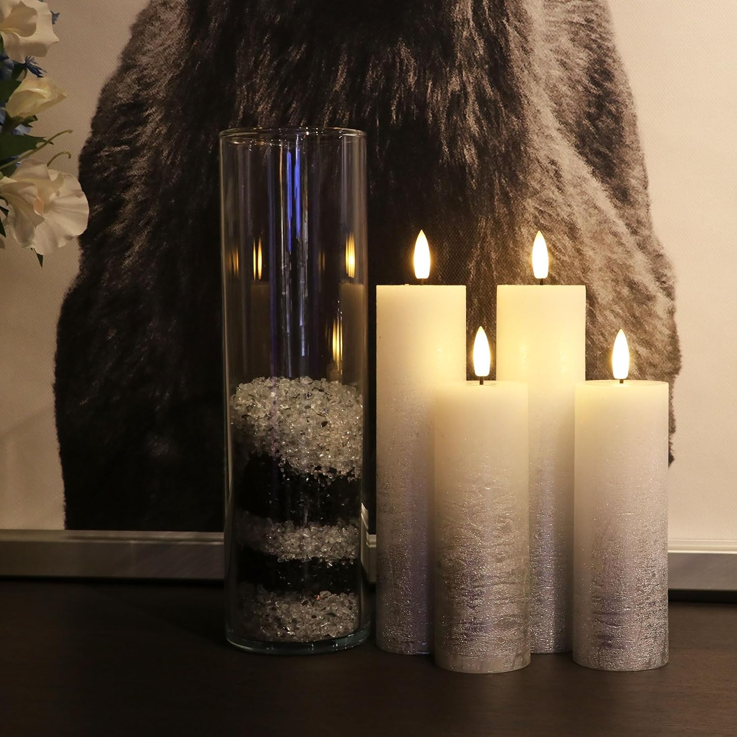 Fanna Set of 4 Skinny Silver Battery Operated Flameless LED Candles Textured Wax Finish, Batteries & Remote Included - Dia.2 inches