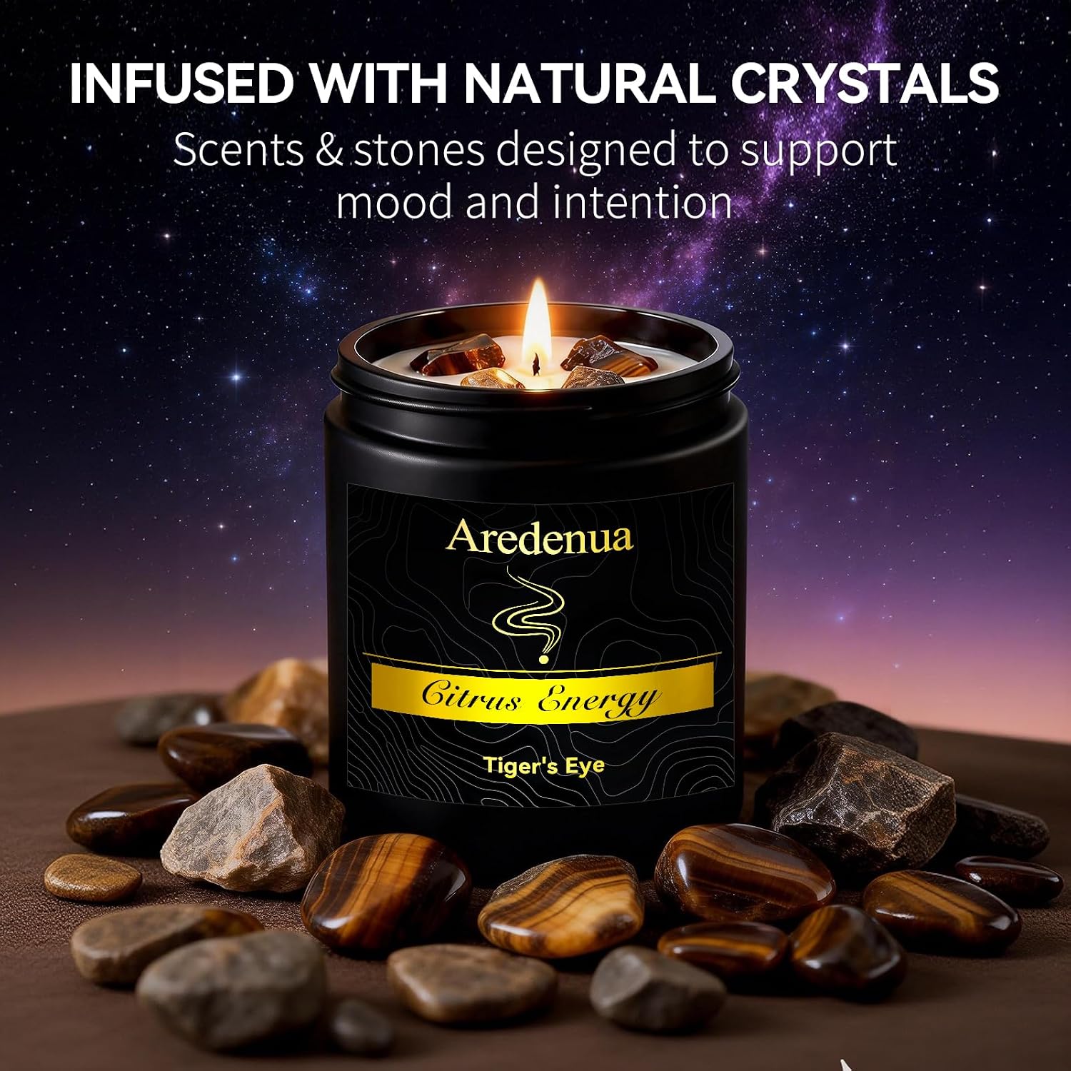 Crystal Candle with Tiger Eye Healing Crystals, Citrus Aromatherapy Candle for Confidence, Natural Soy Wax Scented Candle with Real Gemstone, 7oz Long Burning, Motivational Chakra Gift