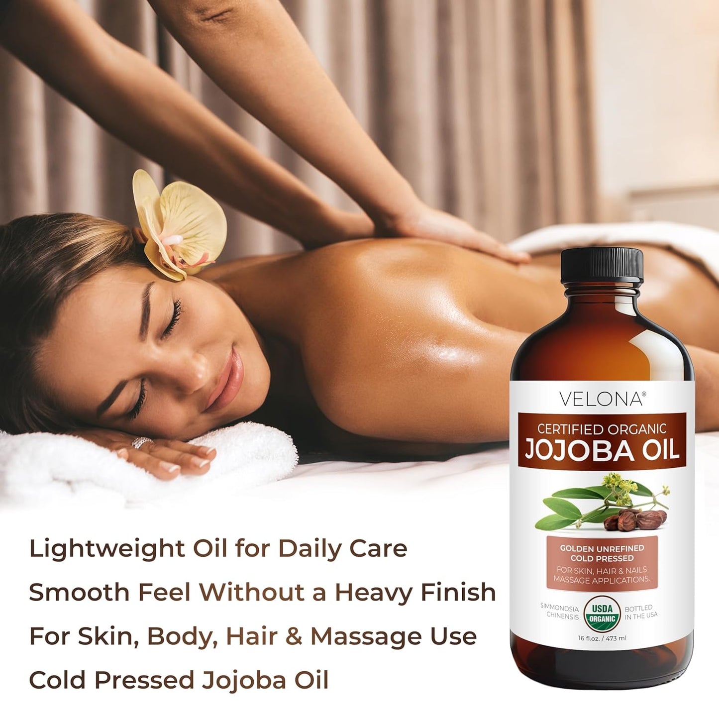 velona Jojoba Oil USDA Certified Organic - 16 Fl Oz in Glass Bottle | 100% Pure and Natural | Golden, Unrefined, Cold Pressed, Hexane Free | Moisturizing Face, Hair, Body, Skin Care