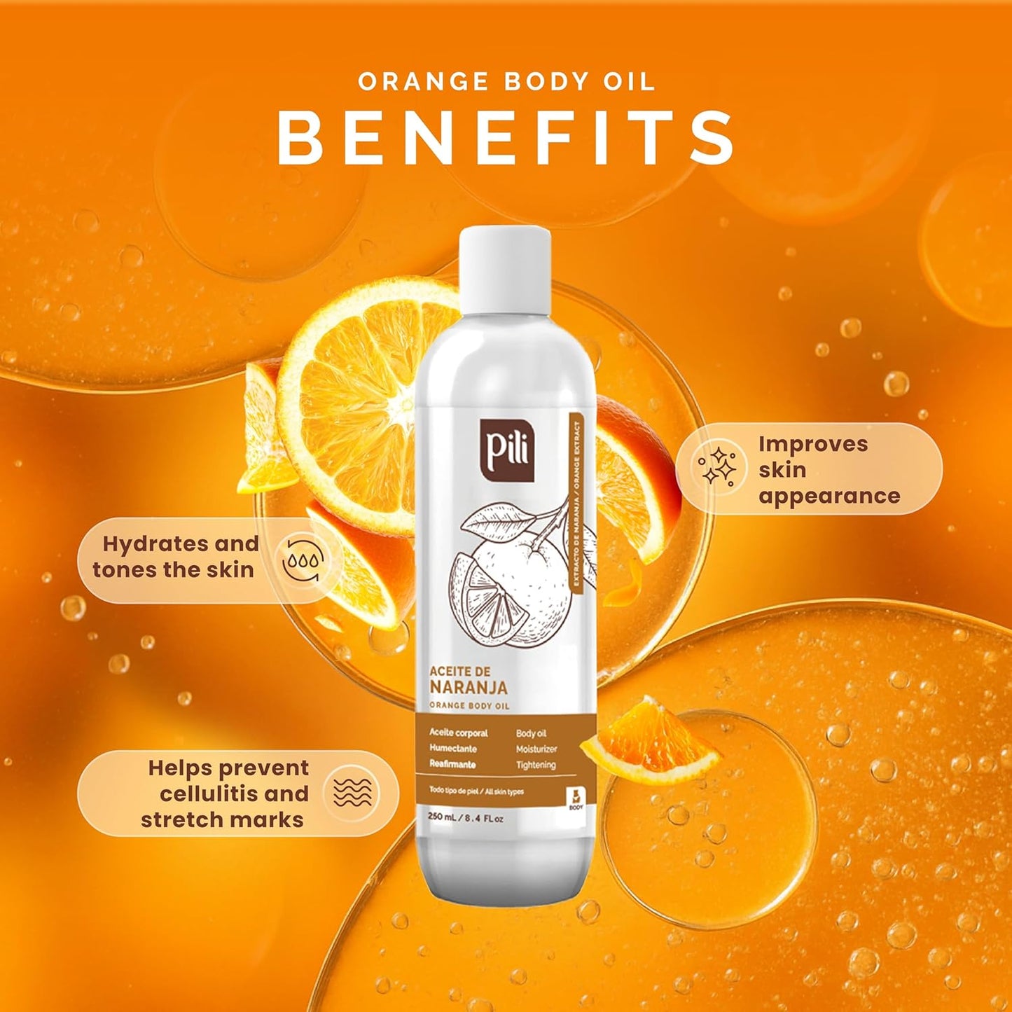 Pili Natural Orange Oil - Skin Tonic and Moisturizing Body Oil - Massage Oil - Prevents Cellulite, Stretch Marks, Firms & Tightens Skin - 8.4 fl oz