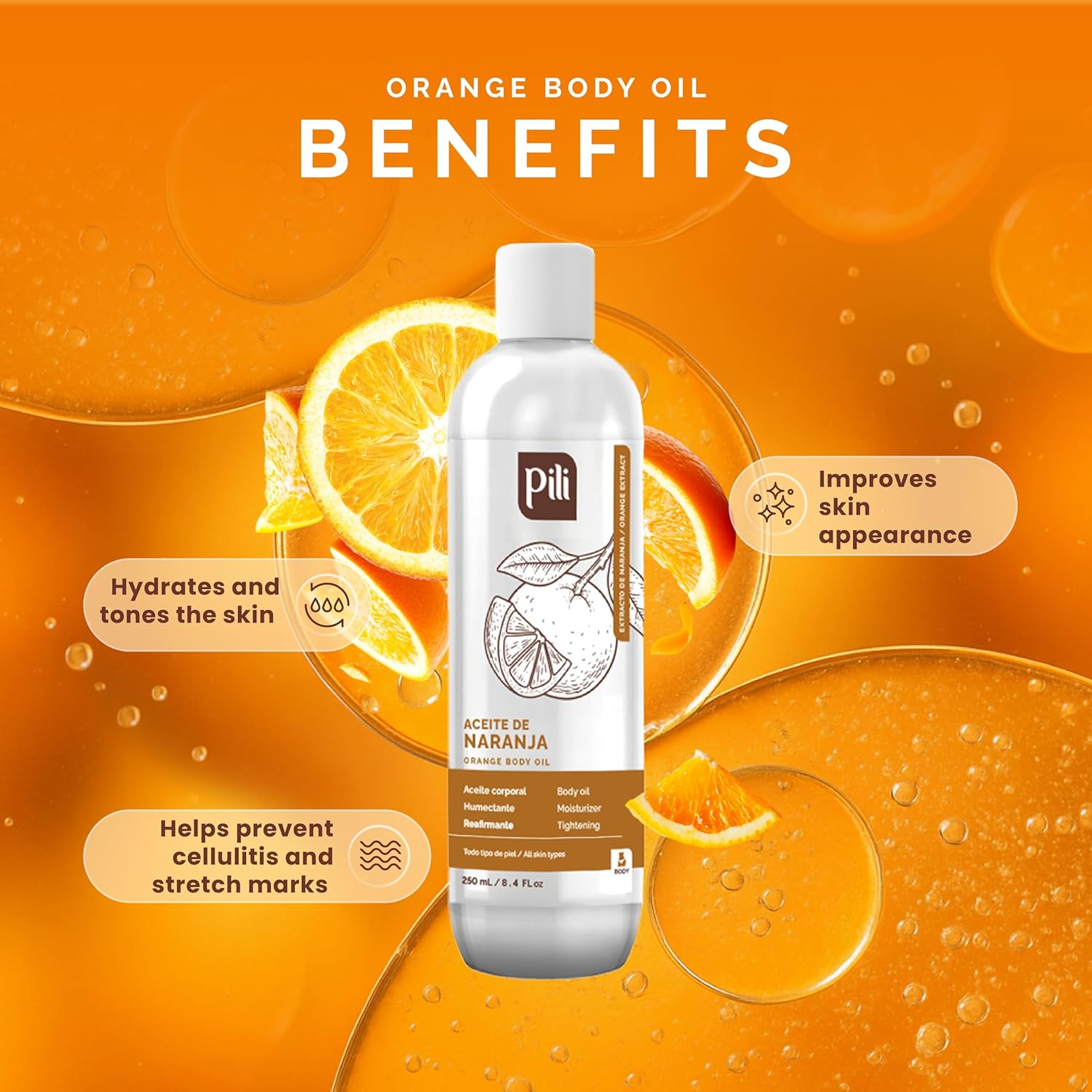 Pili Natural Orange Oil - Skin Tonic and Moisturizing Body Oil - Massage Oil - Prevents Cellulite, Stretch Marks, Firms & Tightens Skin - 8.4 fl oz