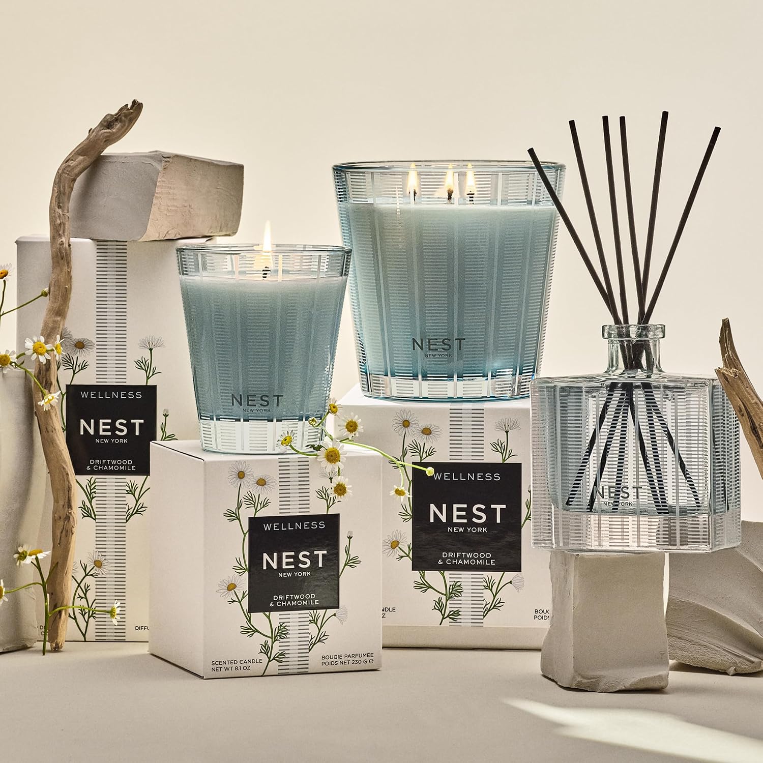 NEST New York Reed Diffuser, Driftwood & Chamomile - The Wellness Collection - 5.9 fl oz - Fragrance for Up to 90 Days - Reusable, Refillable Glass Holder - Includes 8 All-Natural Reed Sticks