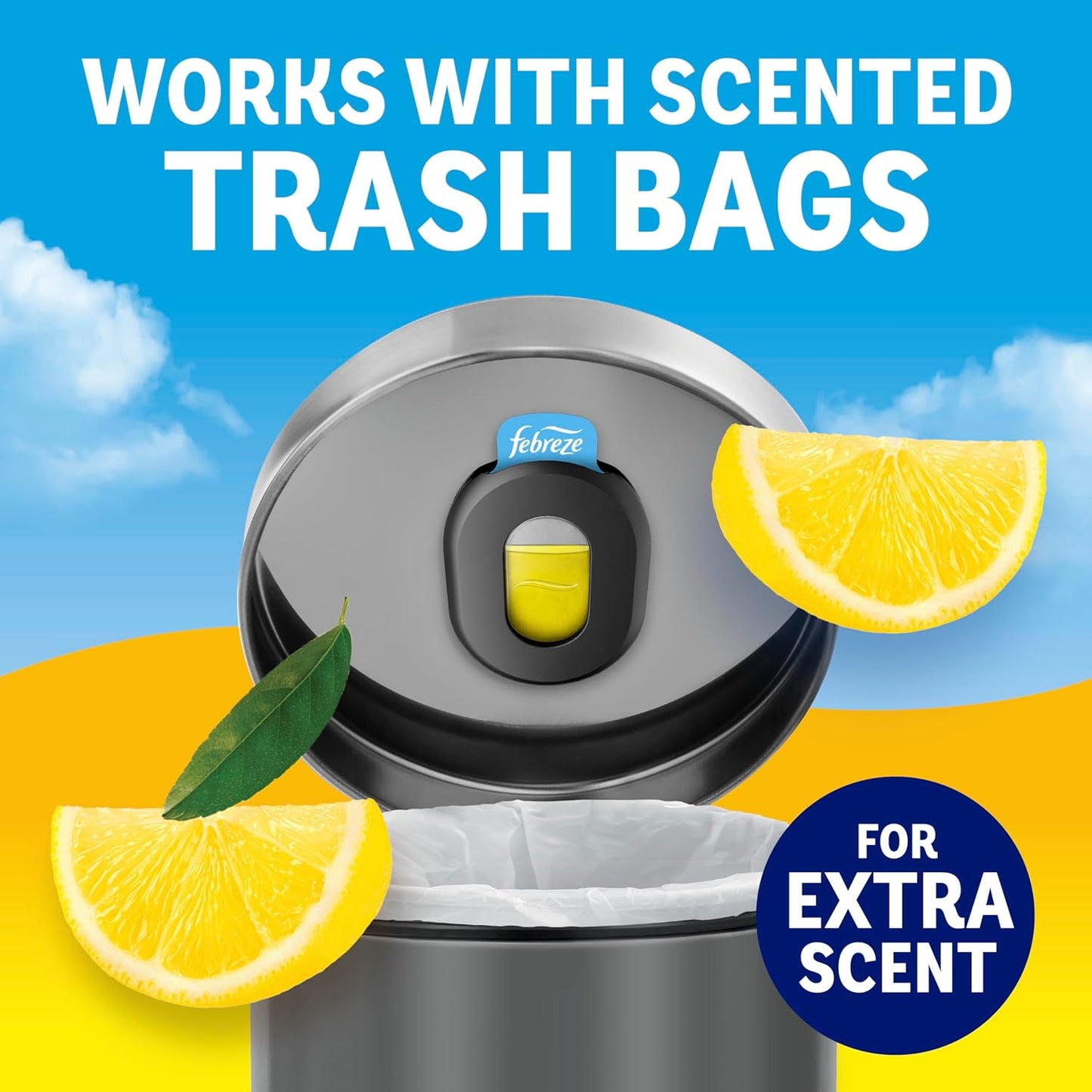 Febreze Trash Odor Fighter, Trash Can Air Freshener, Stick-On Deodorizer for Garbage Cans, Diaper Pails, Works with Scented Trash Bags, Fresh Lemon and Linen & Sky Scents, 2 Holders + 2 Refills