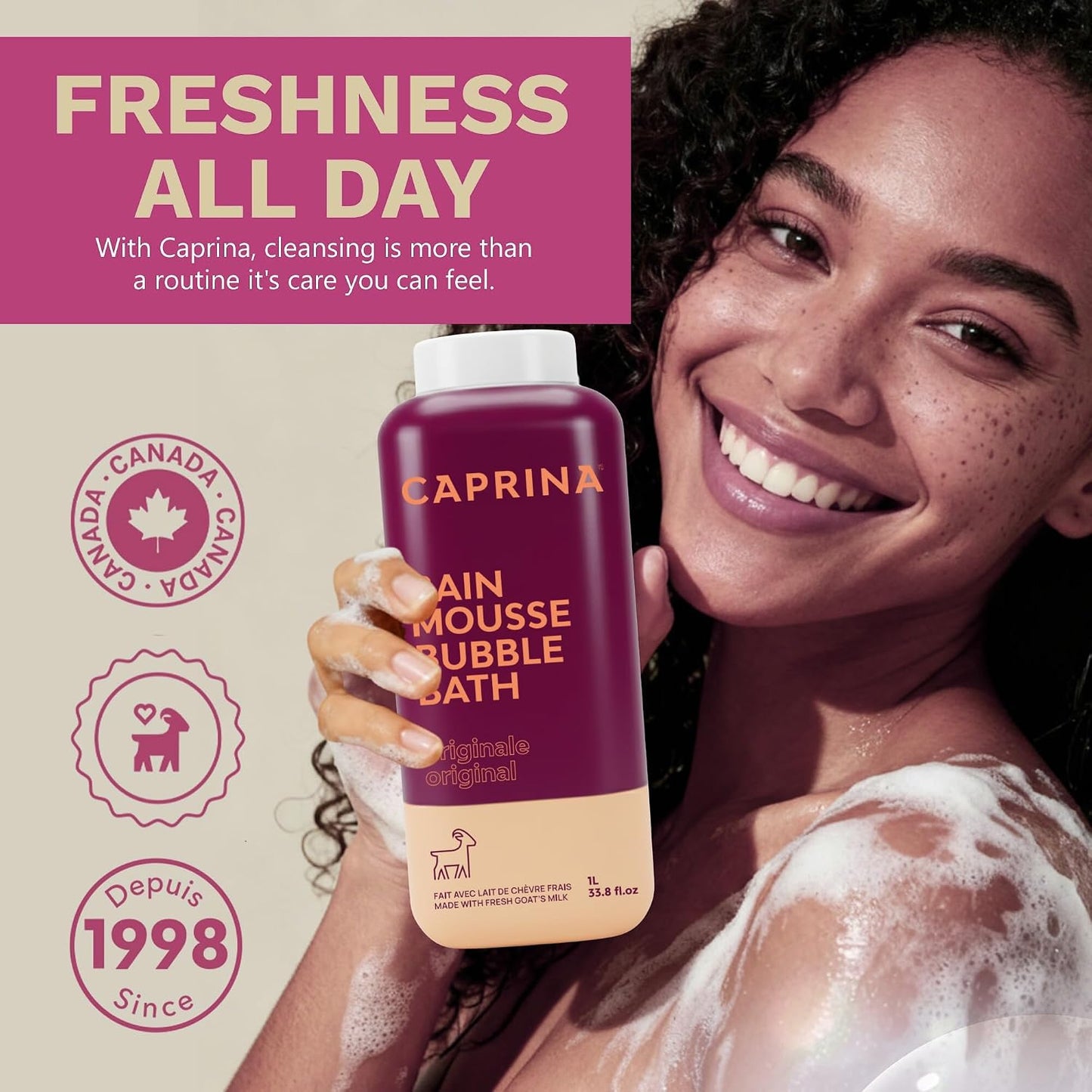 Caprina by Canus Goat Milk Bubble Bath, Original, 1 L (33.8 fl oz), Hydrating Relaxing Foam Bath, Moisturizing & Gentle on Skin, Made in Canada
