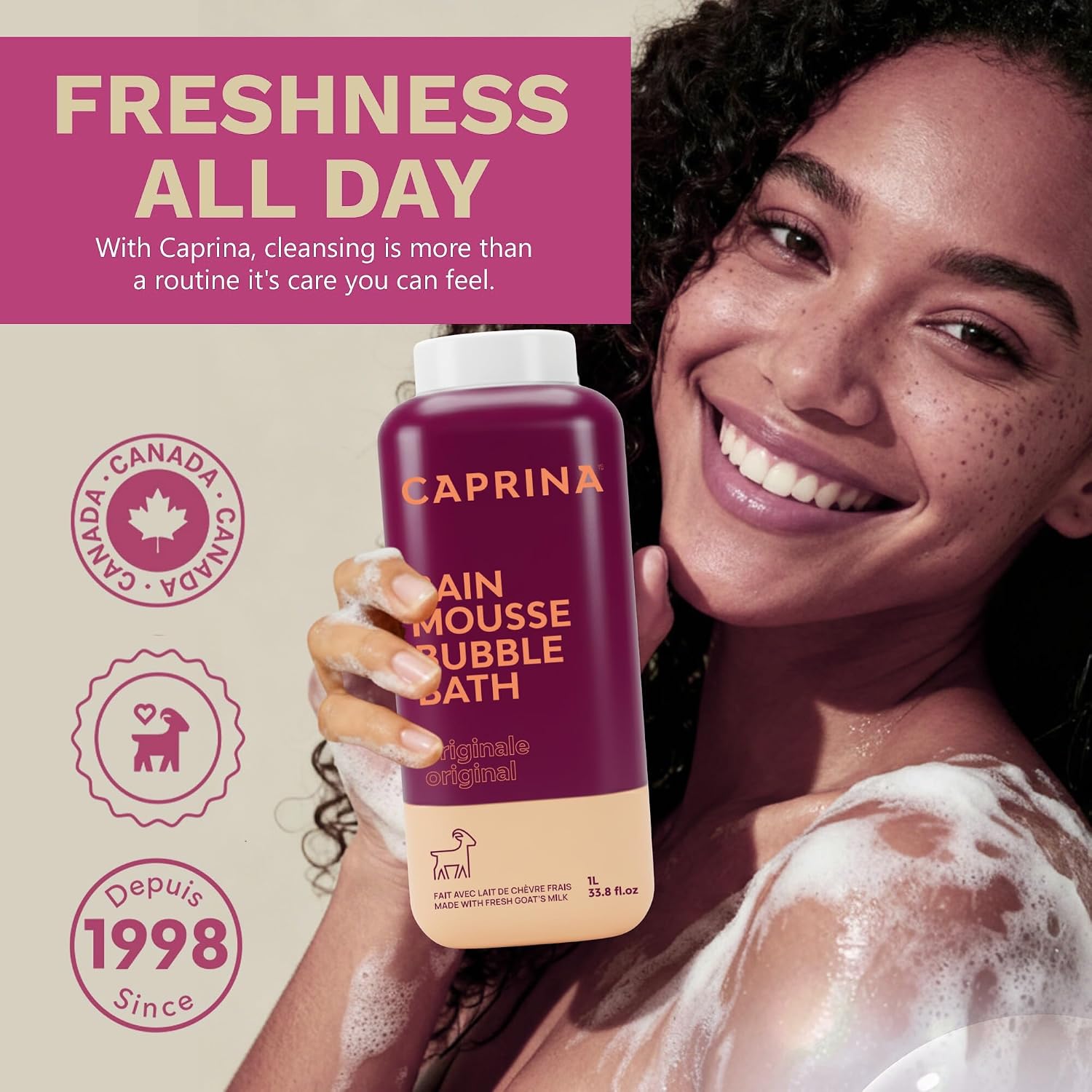 Caprina by Canus Goat Milk Bubble Bath, Original, 1 L (33.8 fl oz), Hydrating Relaxing Foam Bath, Moisturizing & Gentle on Skin, Made in Canada