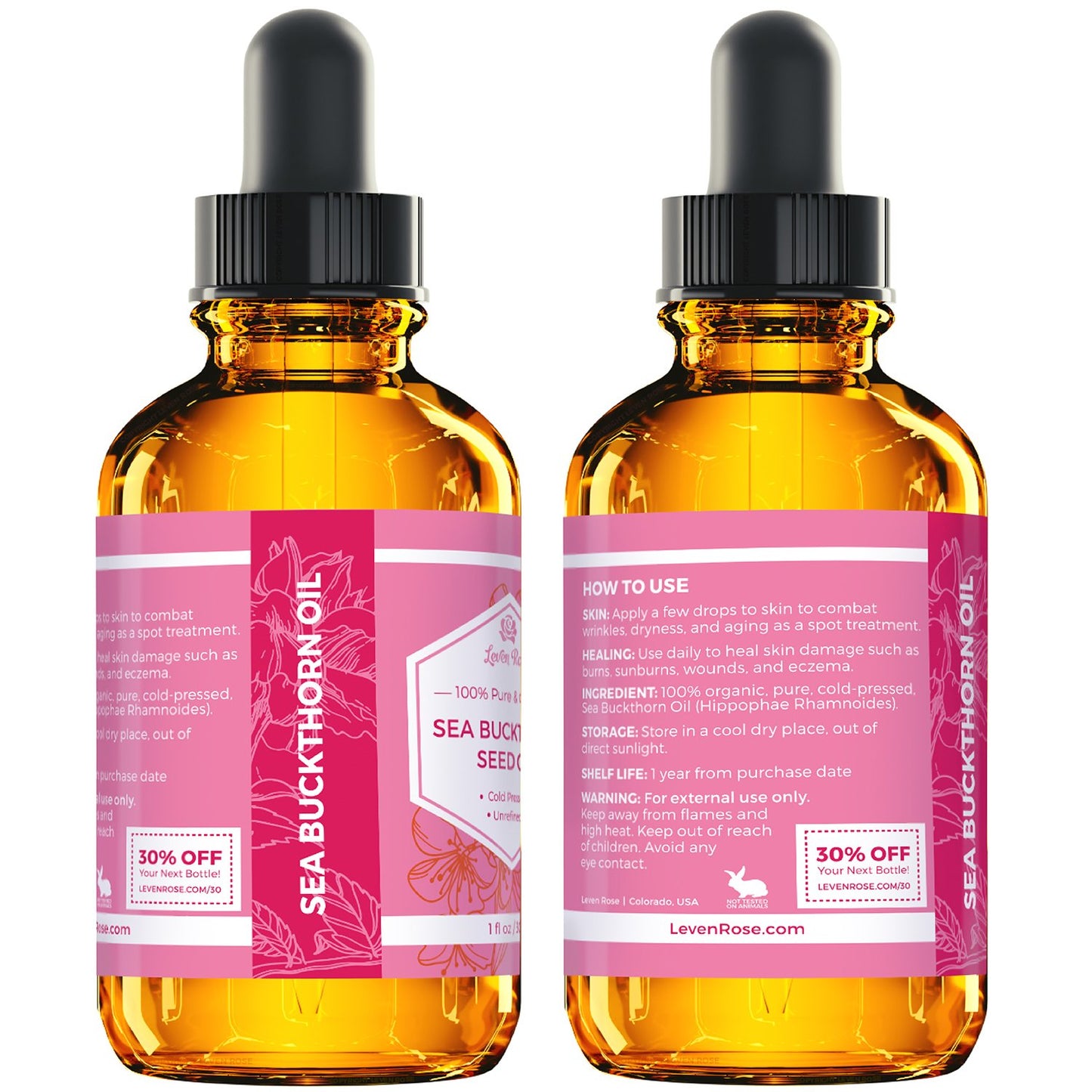 Leven Rose Sea Buckthorn Seed Oil 100% Pure Organic Unrefined Cold Pressed for Hair Skin and Nails - 1 oz
