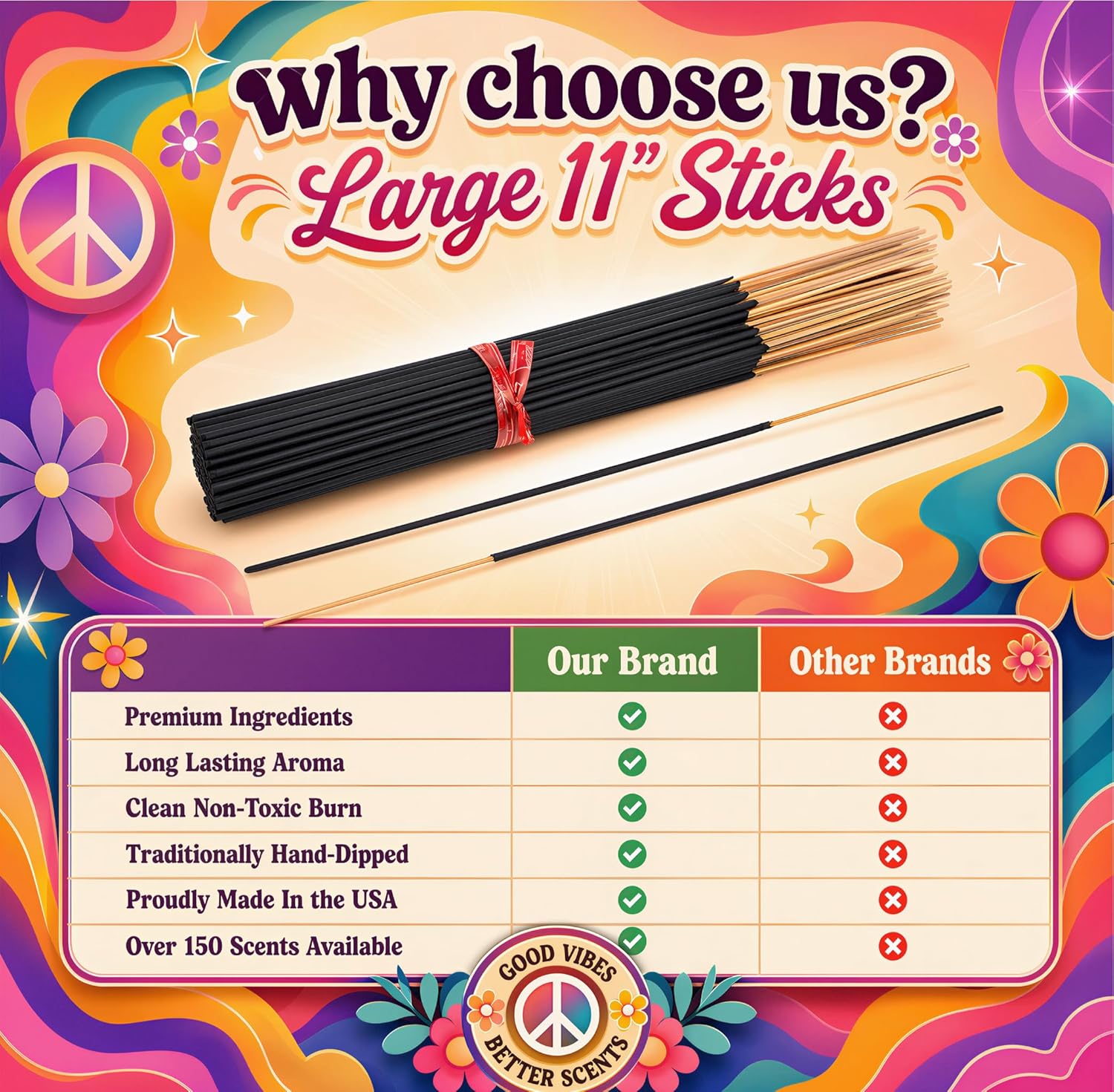 Pink Sugar Incense Sticks 11" - 1 Bundle 85 to 100 Sticks - Smooth and Clean Long Burn Time, 45 to 60 Minutes.
