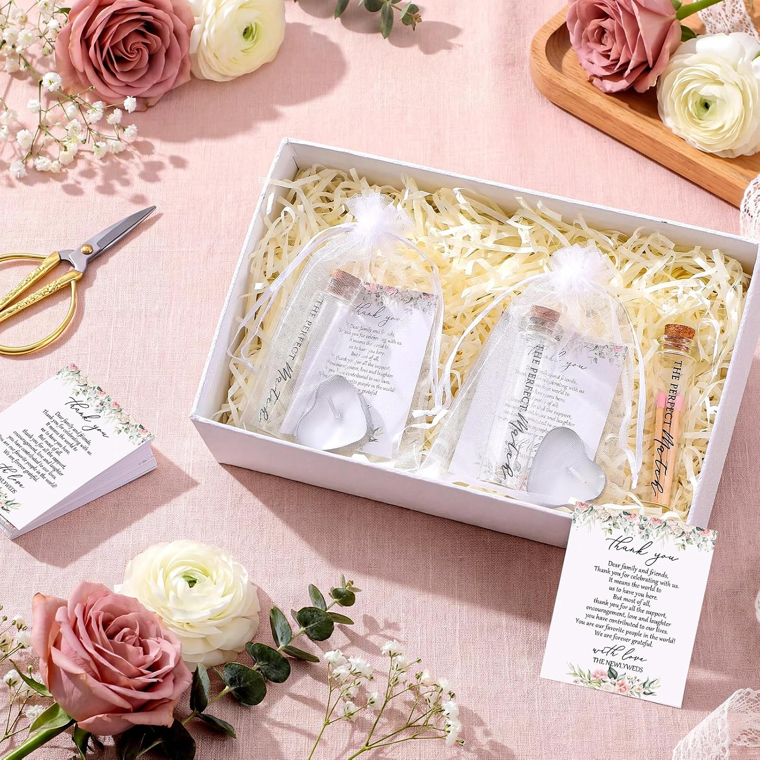 50 Sets Wedding Party Favors for Guests Bulk Including Heart Shaped Candles and Empty Matches Jars with Cork Top Thank You Cards and Organza Bags for Wedding Bridal Shower Party (Flower)