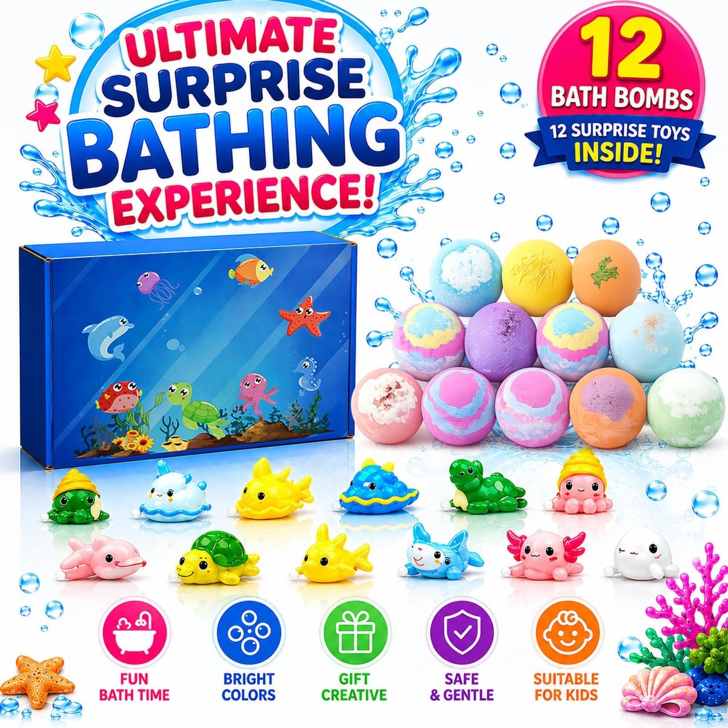 Bath Bombs Gift Set for Women, Colorful Bath Bombs with Surprise Inside, Ocean Theme Moisturizing Bath Fizzies, Relaxing Spa Self Care Gifts for Birthday, Christmas & Holidays (12 Pack)