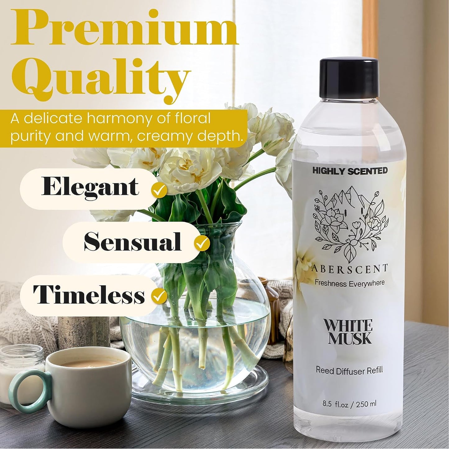 White Musk Aberscent Premium Reed Diffuser Oil Refill (8.5 Fl Oz/250ml) – Long-Lasting Fragrance Oil for Home, Office & Spa – Relaxing Scent, Luxury Hotel-Style Aroma
