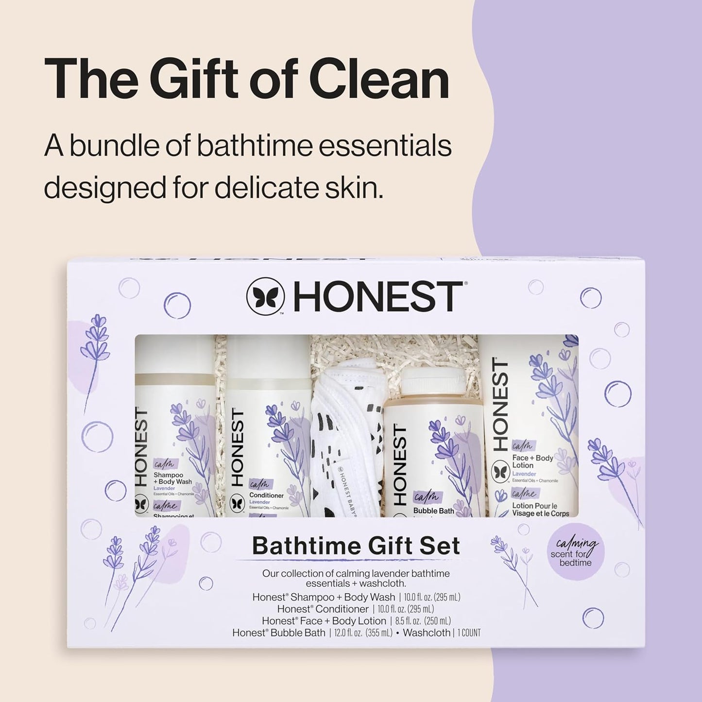 The Honest Company Calming Lavender Bathtime Gift Set Hypoallergenic Bath Essentials for Sensitive Baby Skin Shampoo and Body Wash Face Lotion Bubble Conditioner Cloth