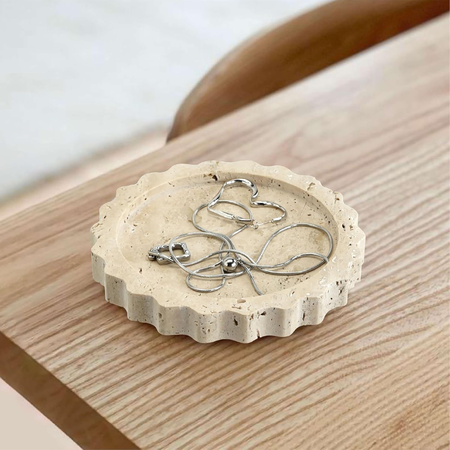 5.5 Inch Small Scallop Edge Tray, Hand-Carved Natural Stone Jewelry Holder, Travertine & Marble Vanity Tray for Rings, Candles, or Keys (Travertine)