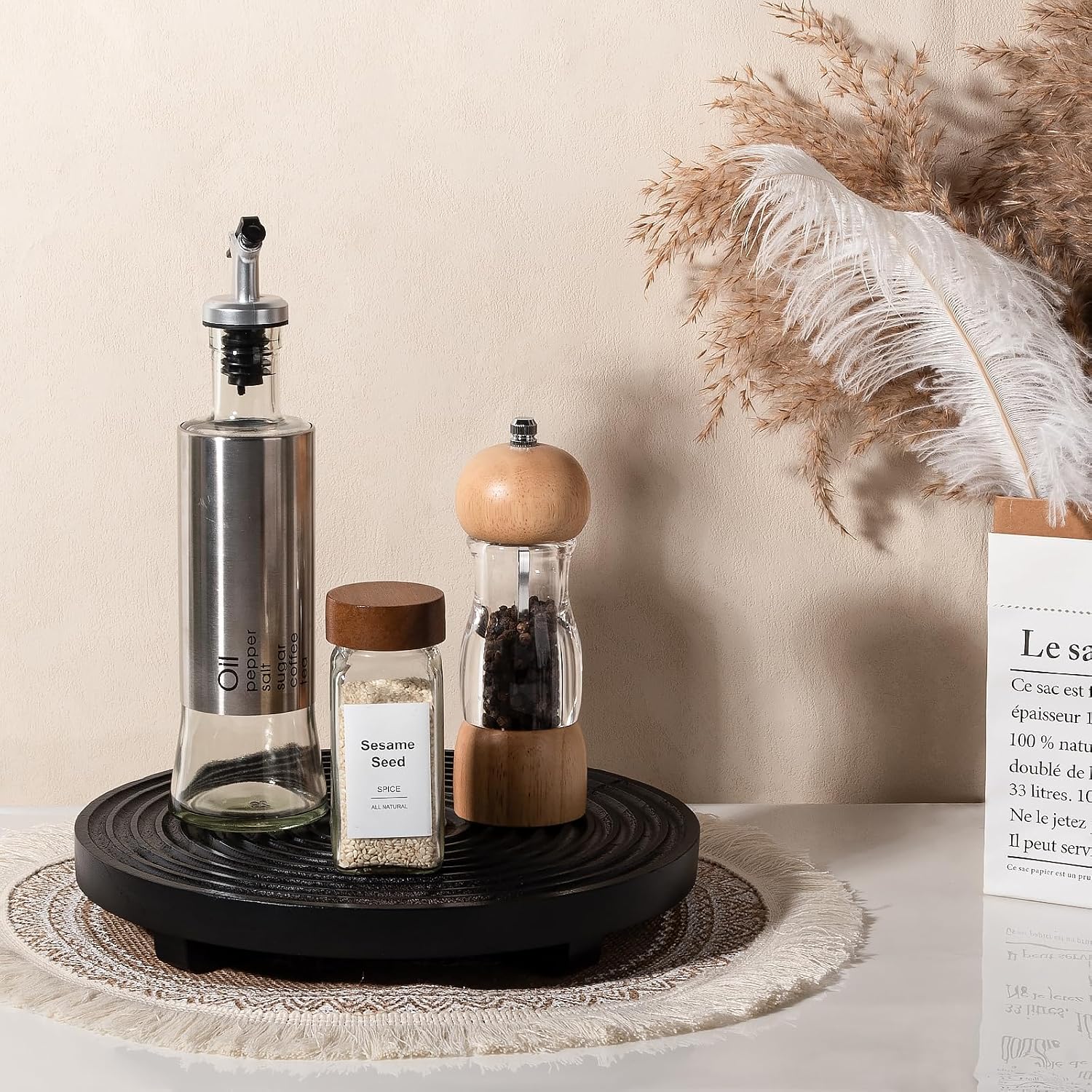 Round Decorative Tray Farmhouse Bathroom Decor Wood Riser Kitchen Countertop Organizer for Perfume, Candle, Plant, 9 inch Black