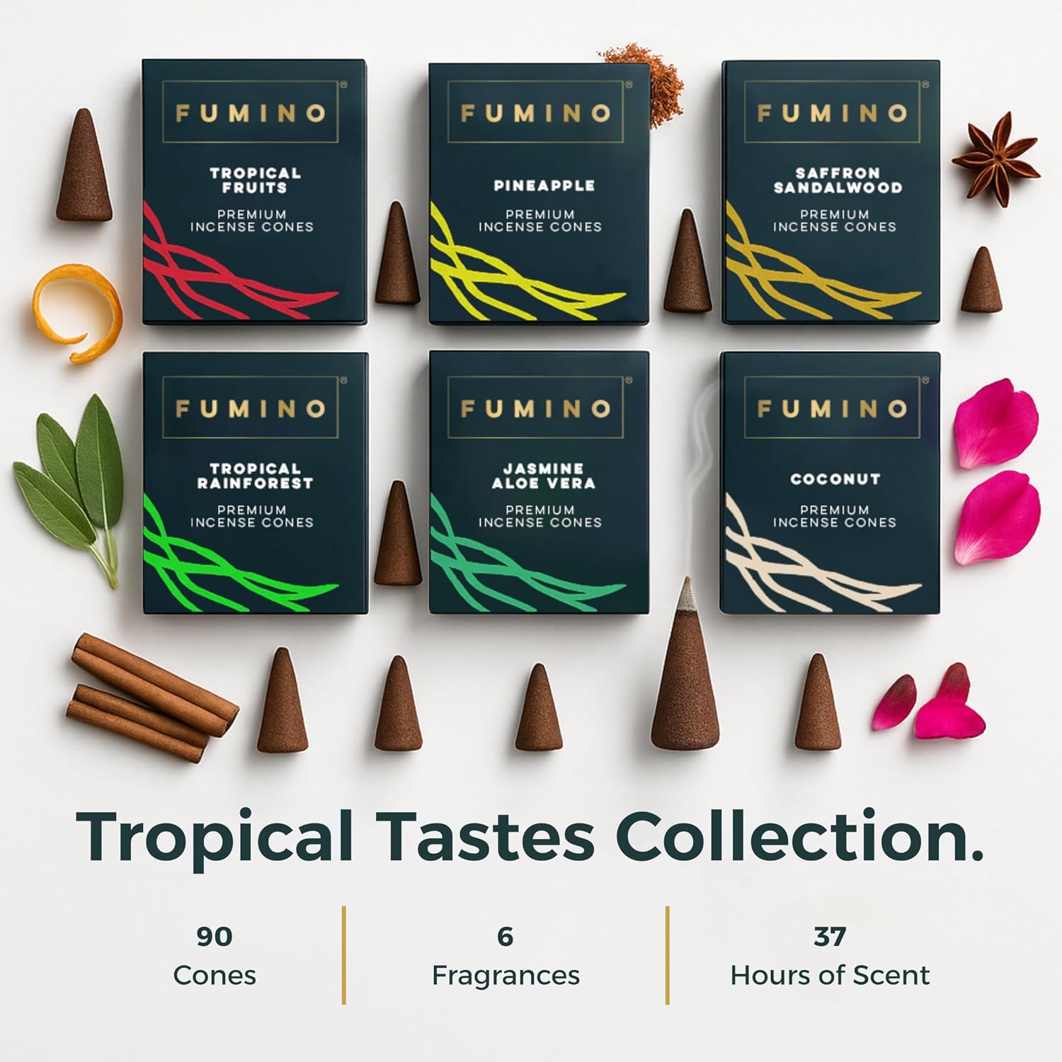 Fumino Incense Cones Tropical Tastes 90 Pack 6 Fragrances - Handmade Natural Masala Incense Cones for Meditation & Home Fragrance, Low-Smoke Fruity Tropical Scents, Bureau Veritas Certified