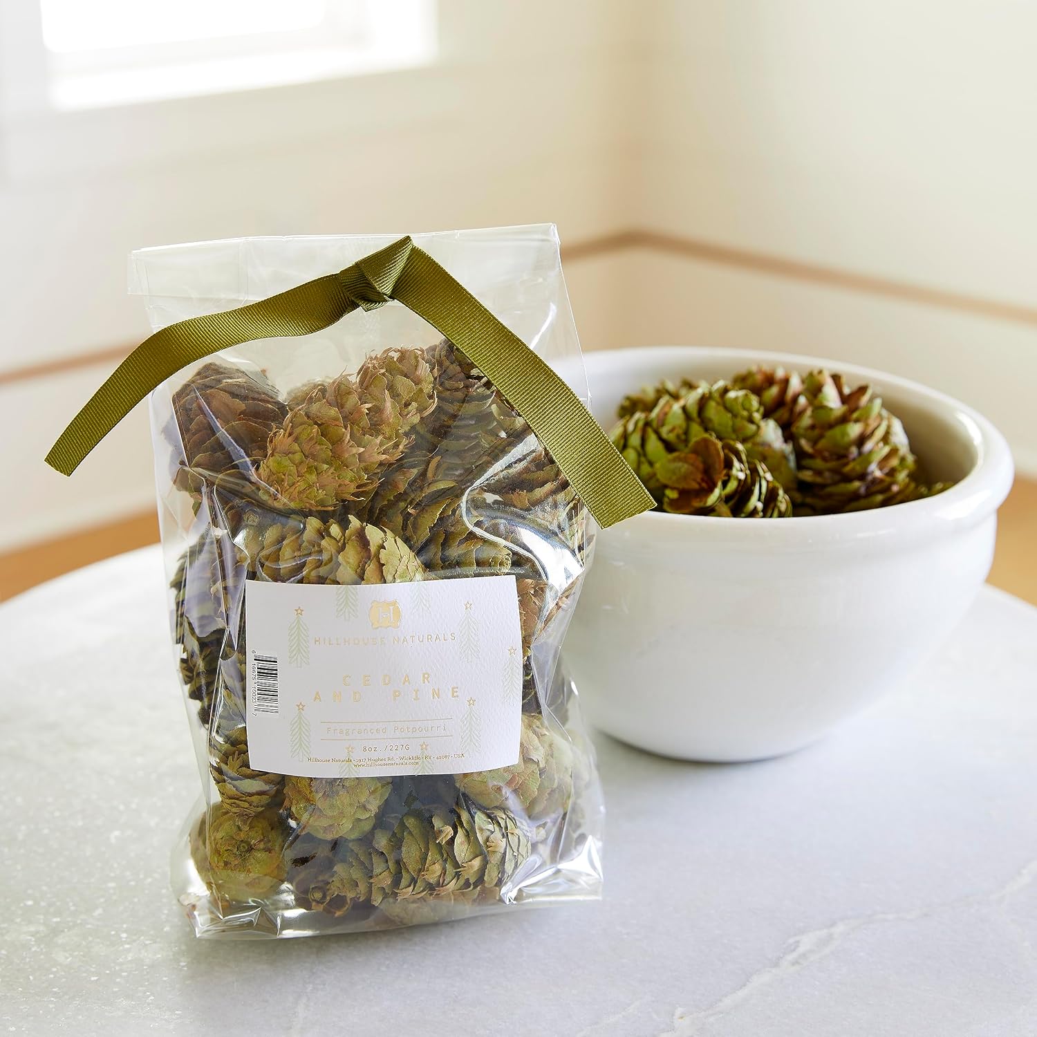 Hillhouse Naturals - Potpourri Pine Cones - Fragrant Versatile Potpourri Bowl Filler & Winter/Holiday Decor - with Pine, Cedar & Citrus Peel - Made in the USA - Green - Cedar & Pine Scent - 8 oz