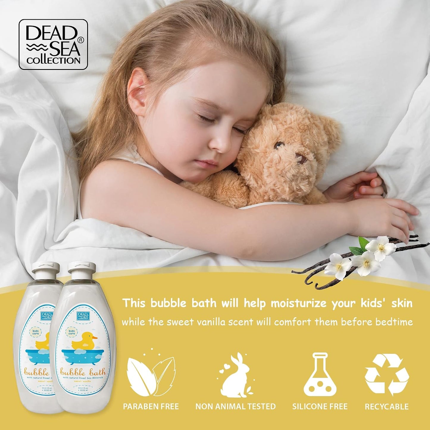 Dead Sea Collection Bubble Bath Kids with Vanilla - Cleansing and Moisturizing Liquid Bath Bubbles - Sweet Almond Oil and Pure Dead Sea Minerals - Pack of 2 Large Bottles (67.6 fl.oz)