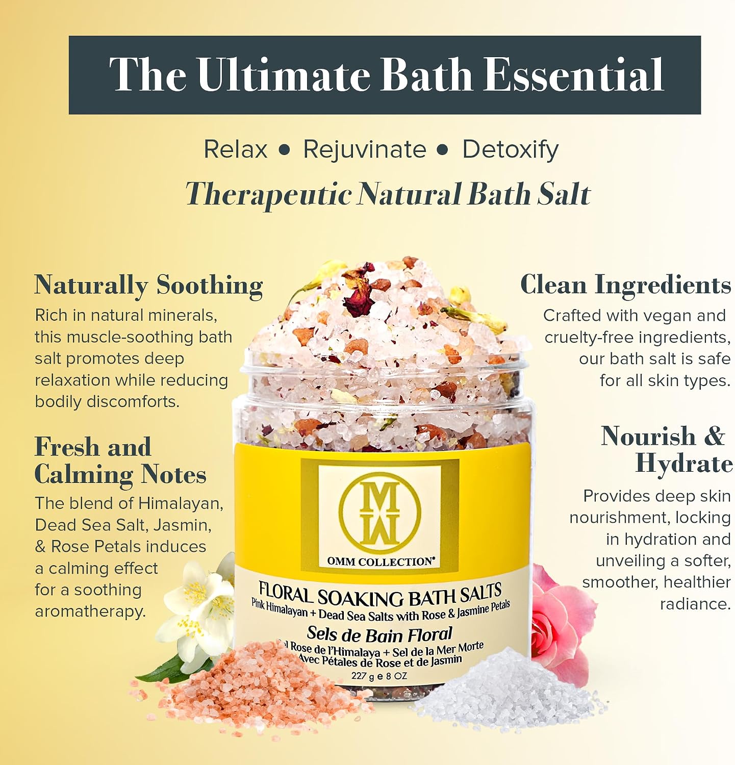 OMM Collection Natural Floral Soaking Bath Salt - Detox Body & Foot Soak - Bath Salt with Rose & Jasmine Petals - Pink Himalayan & Dead Sea Salt Flakes - Relaxing Bath Soak (Jasmin Rose)