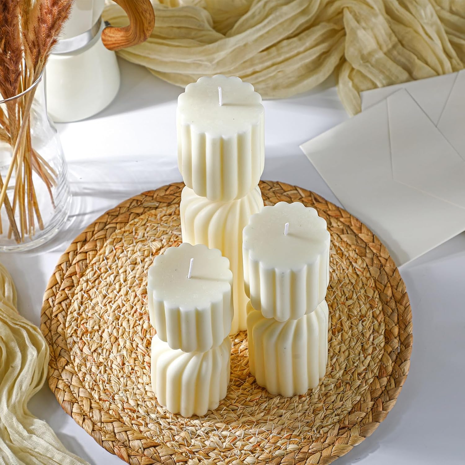 Conelist Ribbed Pillar Candles Set of 3 Width 2.4" High 5.5" 7" 9" Handmade Scented Soy Wax Candle Natural Aesthetic Candles Housewarming Gift Decorative Candles for Home Decor(White)