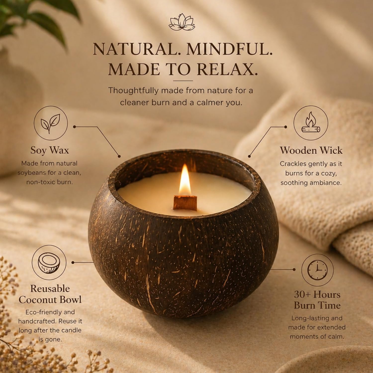 Coconut Soy Candle in Natural Coconut Bowl Wooden Wick – AURA by DG (Norway Forest)