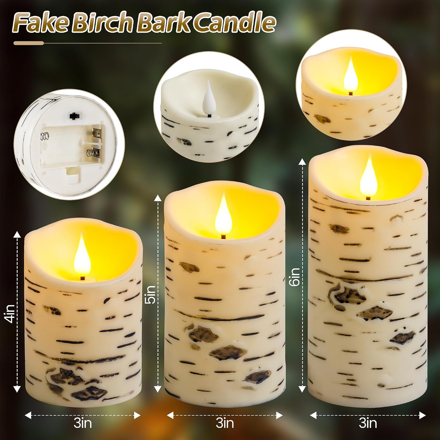 QQFCTOO Birch Bark Flameless Candles, Flickering Battery Operated LED Candles, Electric Plastic Pillar Candles with Remote & Timer, Rustic Farmhouse Home Decor, Wedding Centerpiece, Gift Set of 3