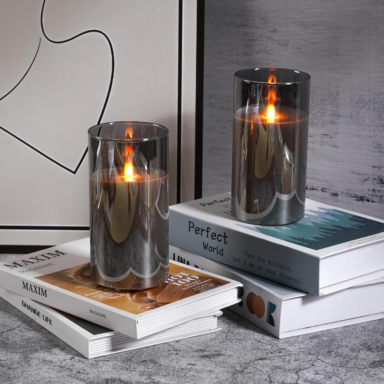 Rechargeable Flickering flameless Candles, USB Rechargeable Candles, Acrylic LED Pillar Candles, with Remote Control Timer, Gray (2-piece Set) for Home and Holiday Decoration