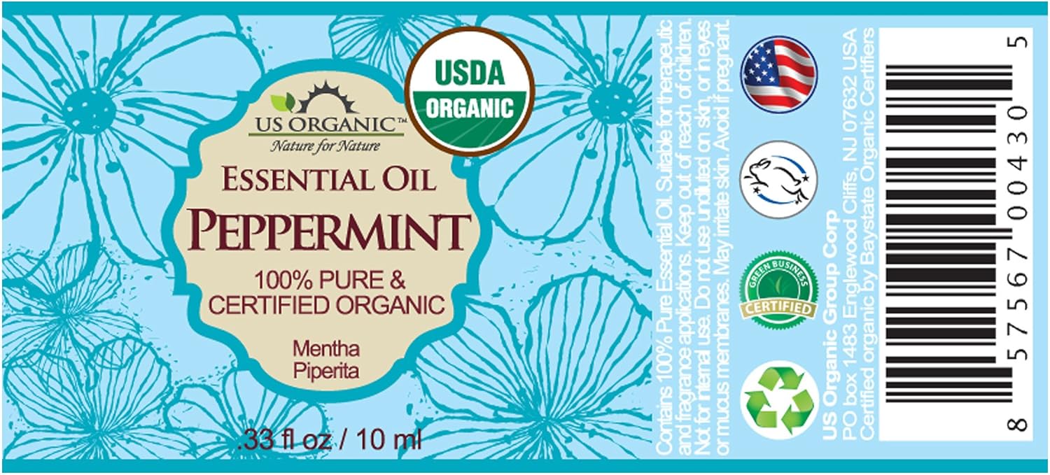 US Organic 100% Pure Peppermint Essential Oil - USDA Certified Organic - 10 ml - w/Improved caps and droppers (More Size Variations Available)
