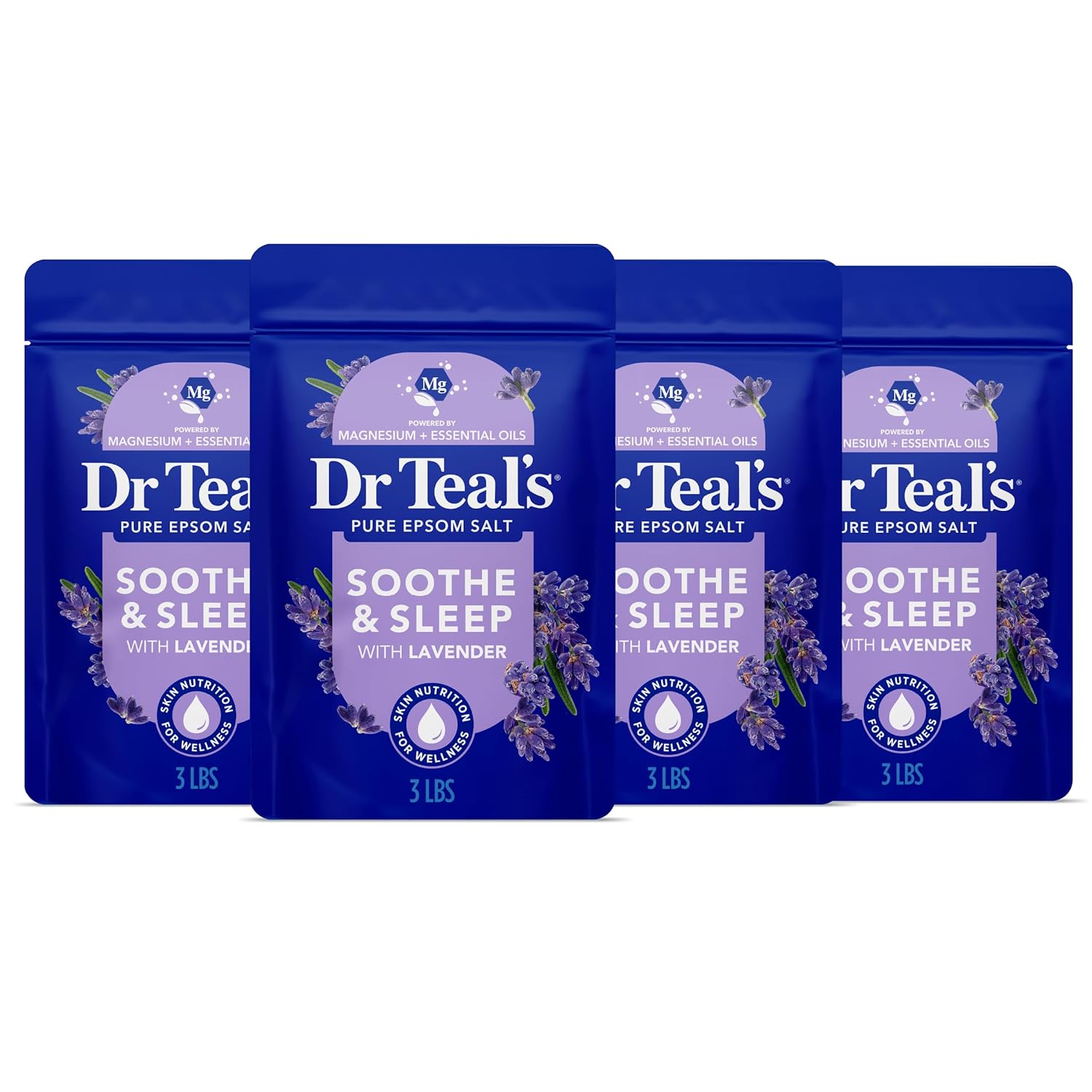 Dr Teal's Pure Epsom Magnesium Salt Soak, Soothe & Sleep with Lavender, 3 lb (Pack of 4)