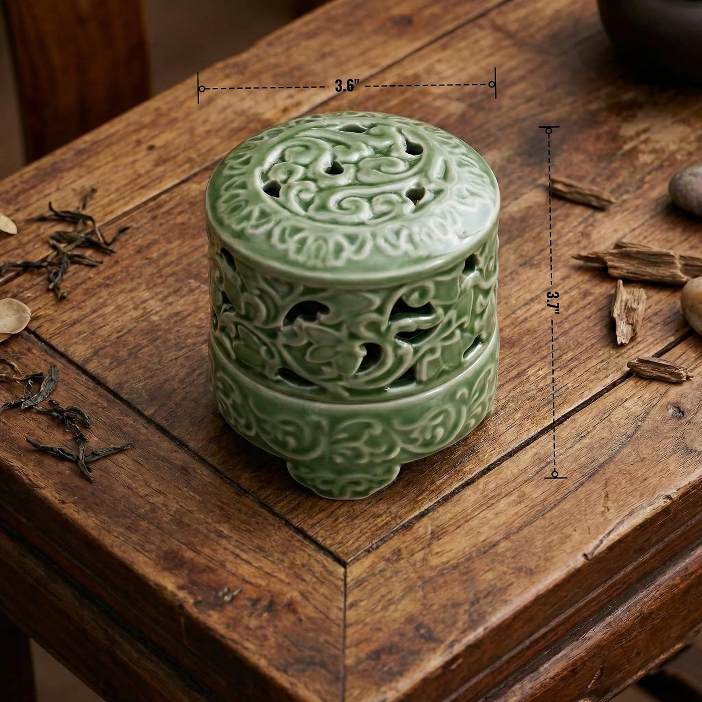 USMOLA Incense Burner with Lid, Ceramic Incense Holder for Stick Cones & Coils Incense with Burn Cotton for Home, Office, Yoga, Green Lotus
