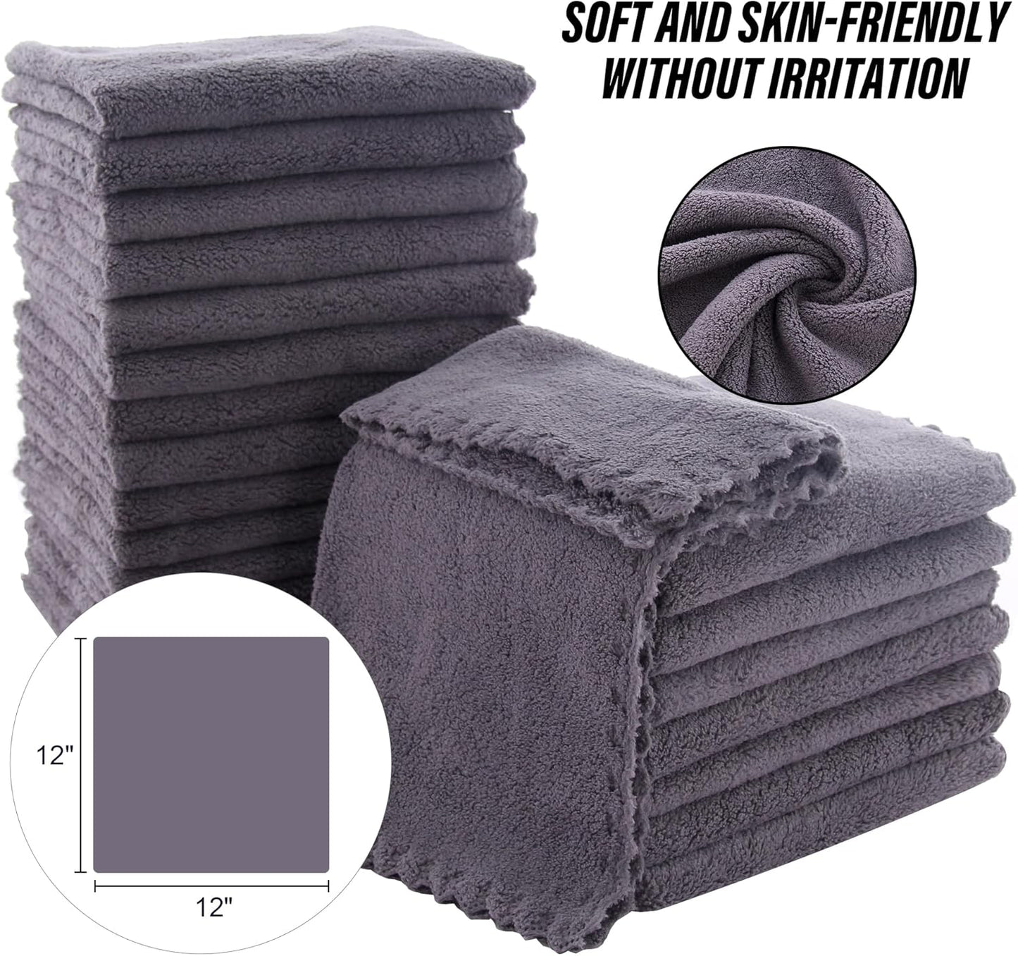 MOONQUEEN Ultra Soft Premium Washcloths Set - 12 x 12 inches - 24 Pack - Quick Drying - Highly Absorbent Coral Velvet Bathroom Wash Clothes - Use as Bath, Spa, Facial, Fingertip Towel (Grey)