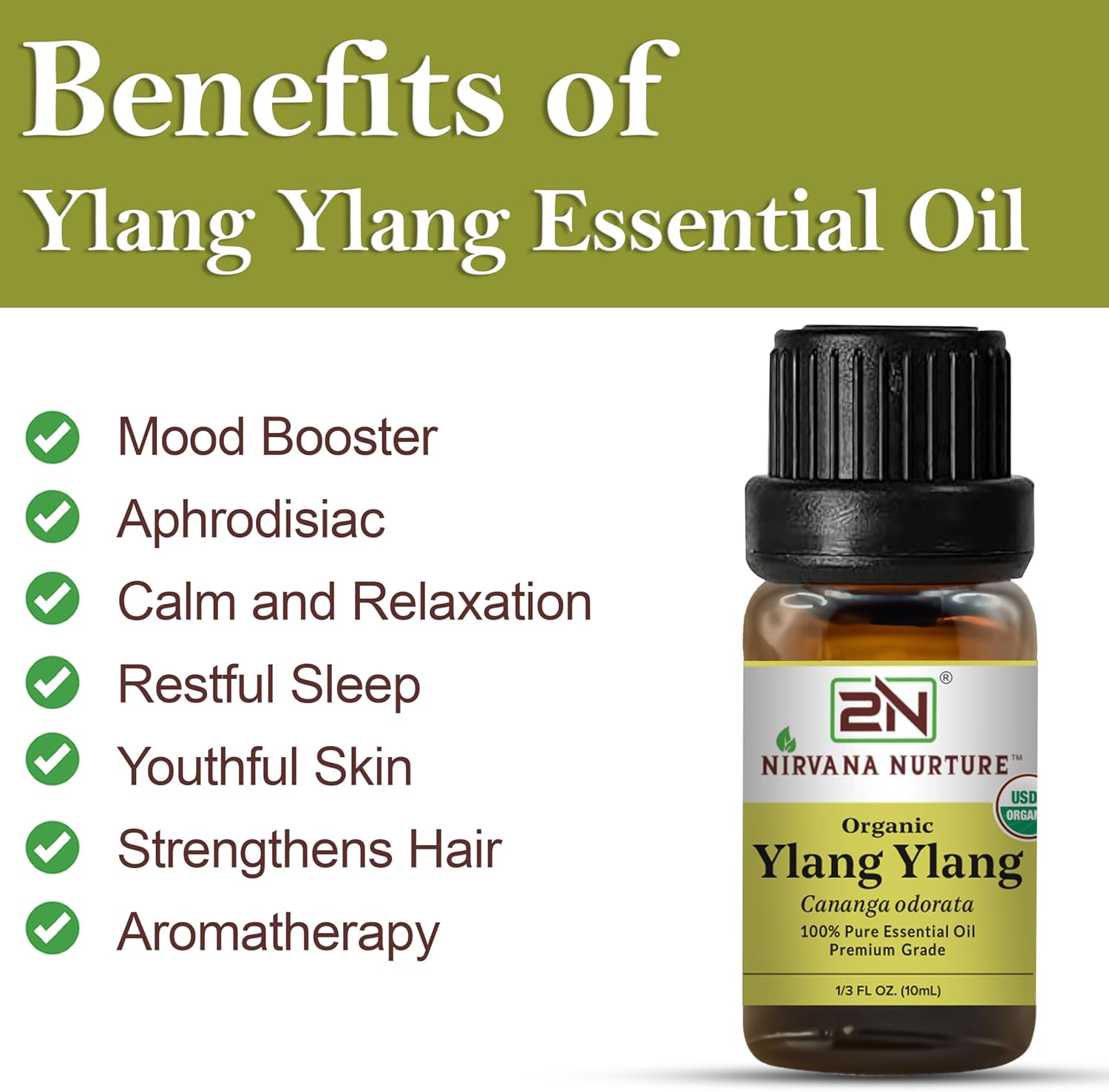 Ylang Ylang Essential Oil, USDA Certified Organic, 100% Pure Undiluted, Aromatherapy Oil for Diffuser, Hair & Skin Care