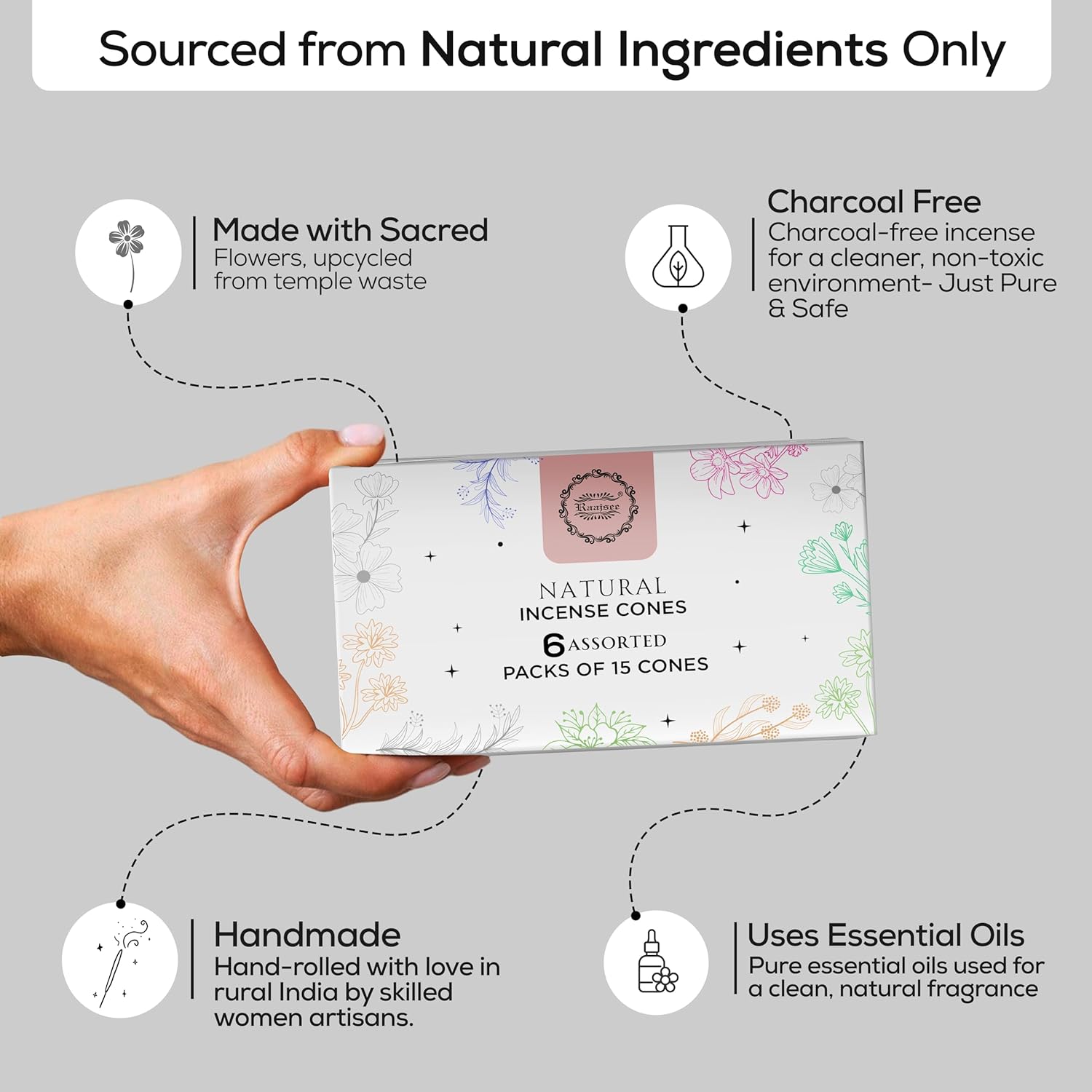 Raajsee Natural Incense Cones,6 Pack Mixed Scents Gift Pack 15 pc Each (90 Total), Insense Cones Variety Pack, 100% Organic Non Toxic Natural - Hand Rolled Free from Chemicals (Pack 3)