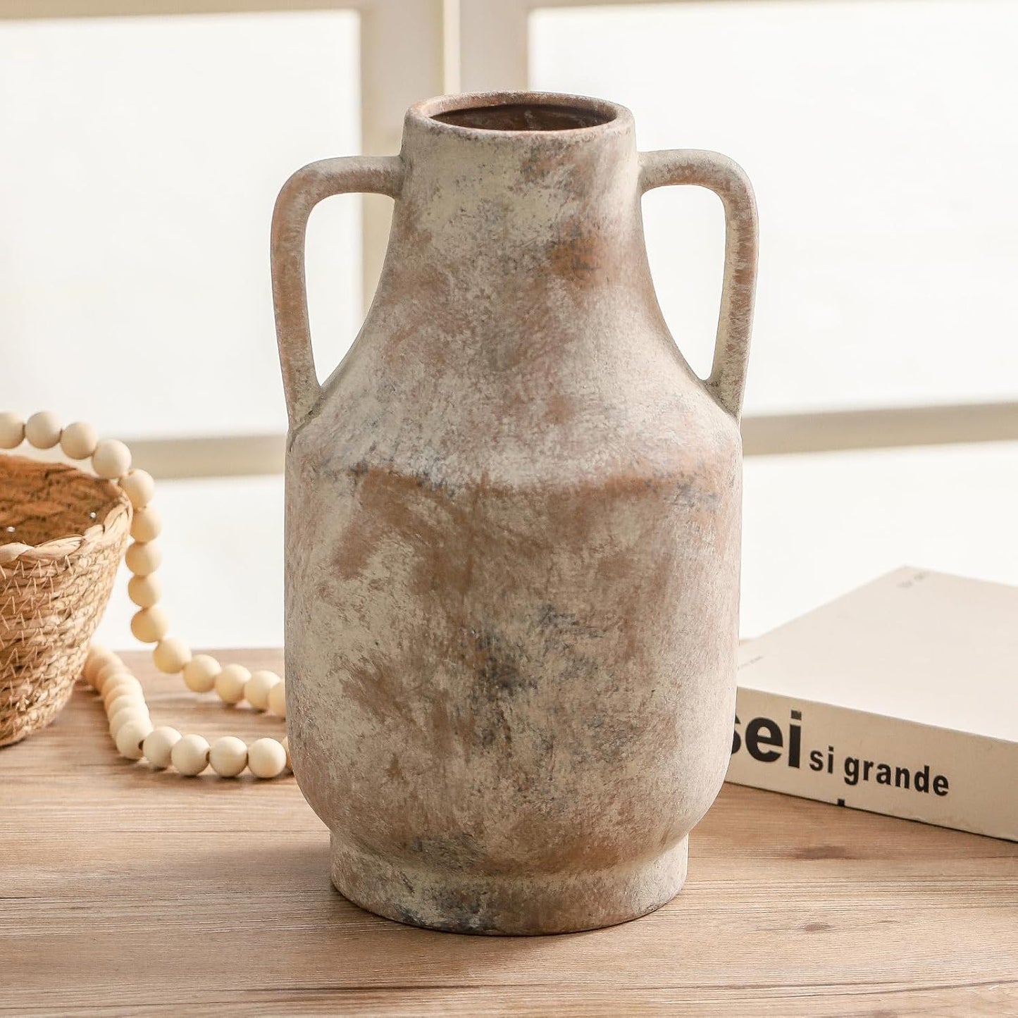 Ceramic Flower Vase with Handles, 11 inch Tall Vase for Centerpieces, Large Decorative Terracotta Vases, Farmhouse Rustic Vases for Home Decor, Living Room, Table, Neutral