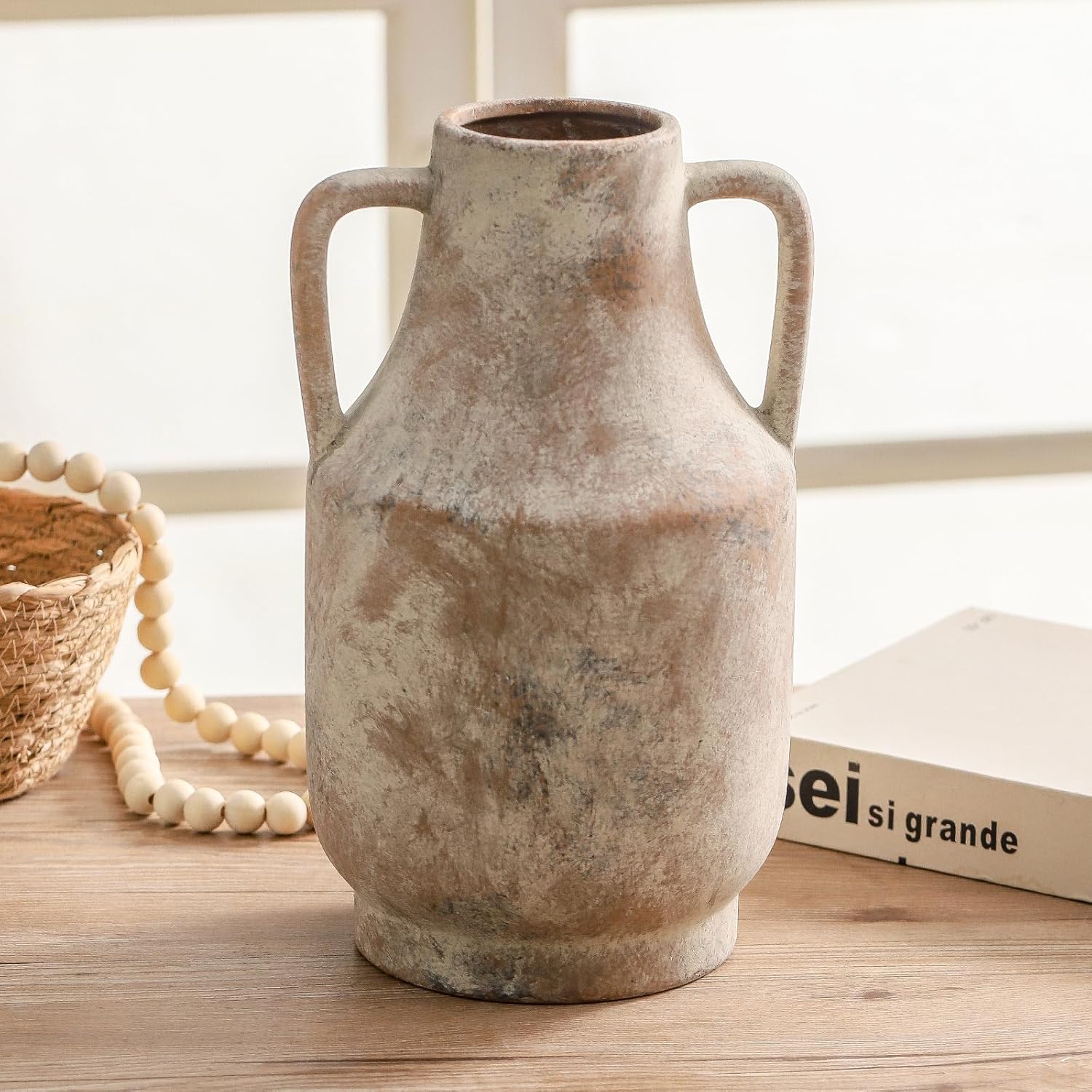 Ceramic Flower Vase with Handles, 11 inch Tall Vase for Centerpieces, Large Decorative Terracotta Vases, Farmhouse Rustic Vases for Home Decor, Living Room, Table, Neutral