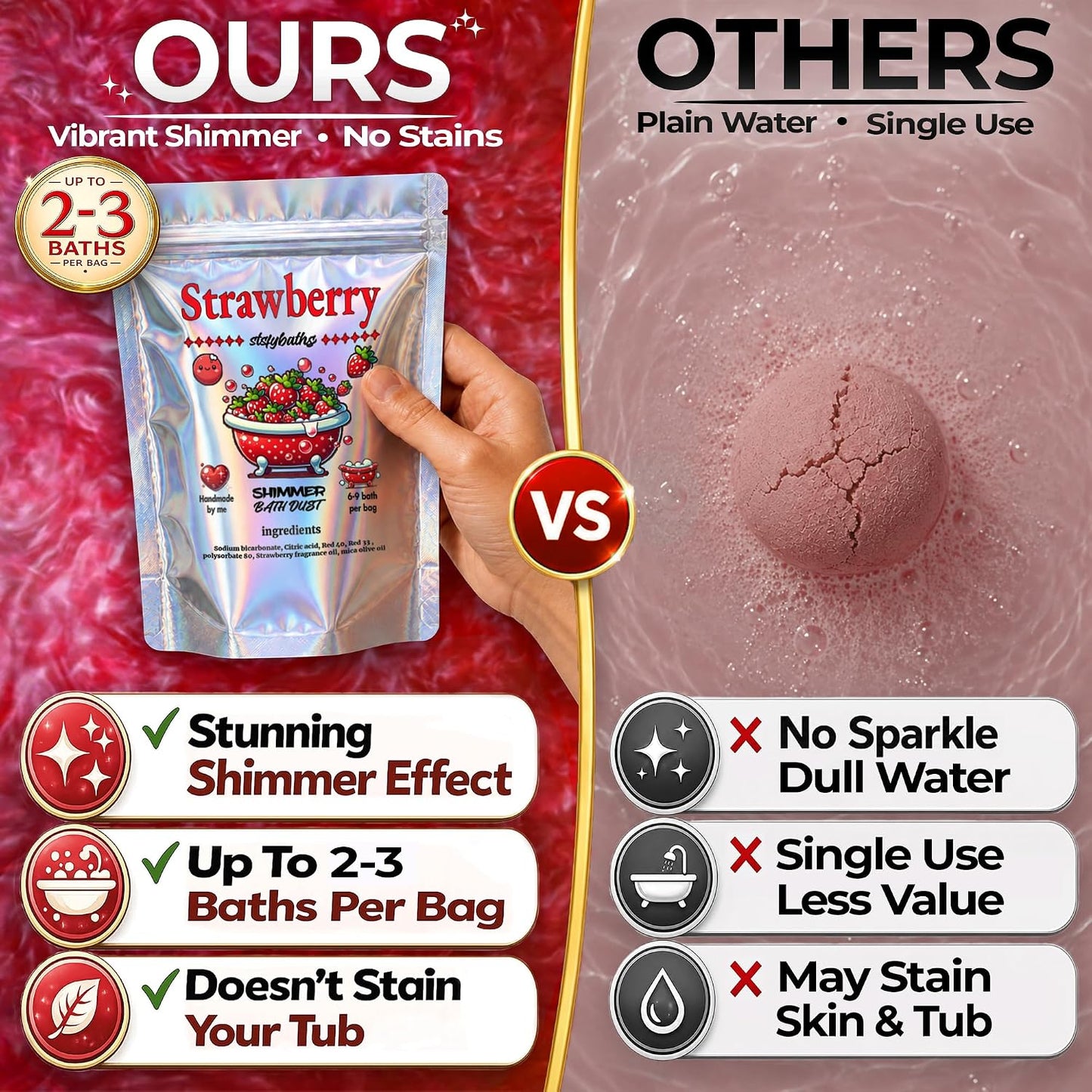 Red Shimmer Bath Bomb in A Bag - Handmade Strawberry Scented Bath Bombs for Women, Kids and Men - Bulk Bathbomb Fizzies Perfect for Boys and Girls All Ages (Small, Red)