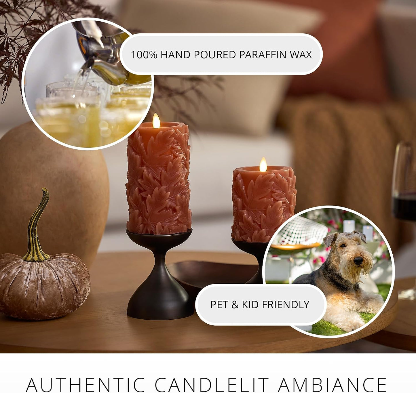 Luminara Flameless Caramel Cafe Embossed Leaves 3.5" x 4.5" Pillar, Battery Operated & Timer Function, Fall Decorations Indoor Candle Moving Flickering Flame LED Light, Remote Ready (Sold Separately)