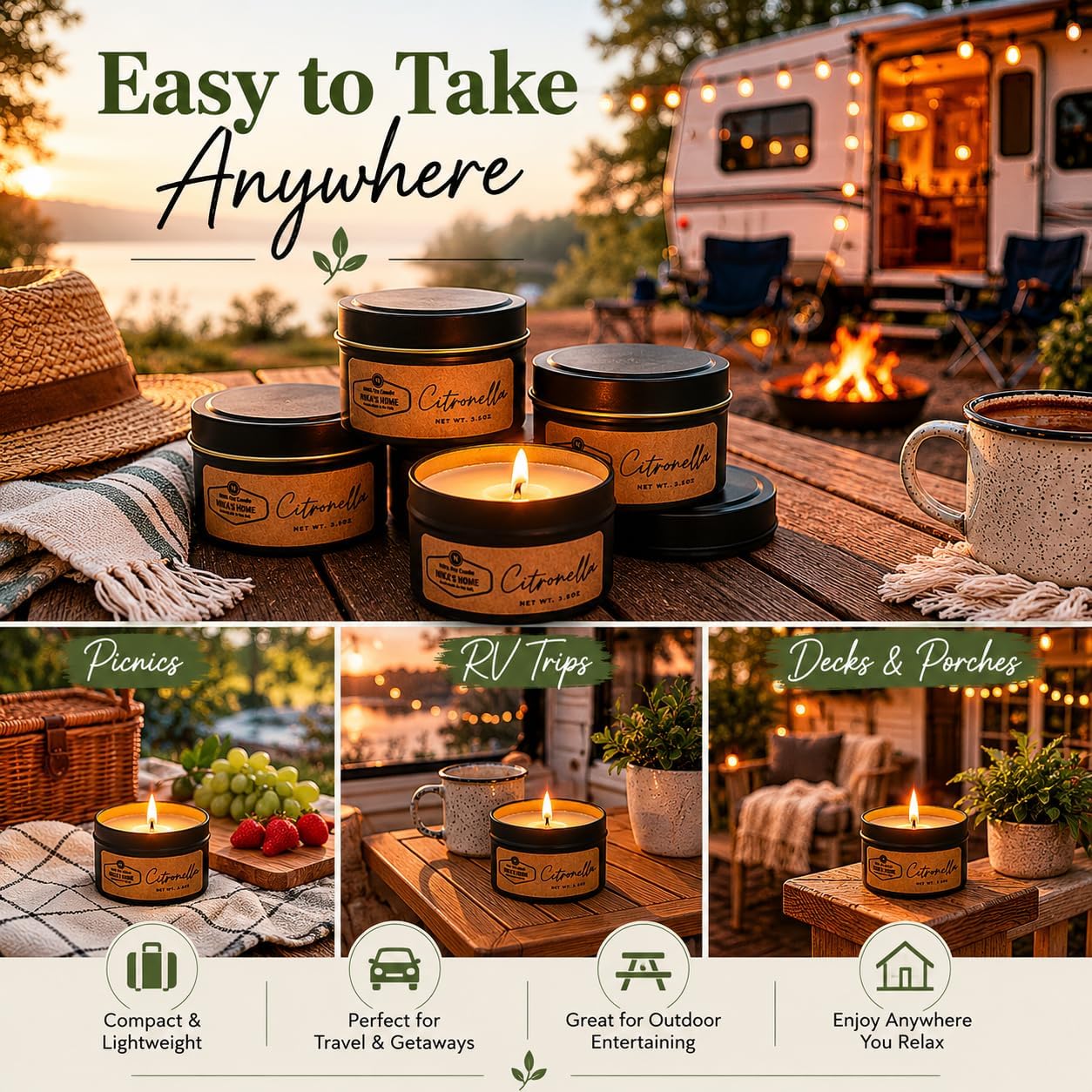 Citronella Soy Wax Candle Set, 5 Pack 3.5 oz Tins, Highly Scented Outdoor Decor for Patio, Deck, Camping & Backyard Gatherings, Hand Poured in USA