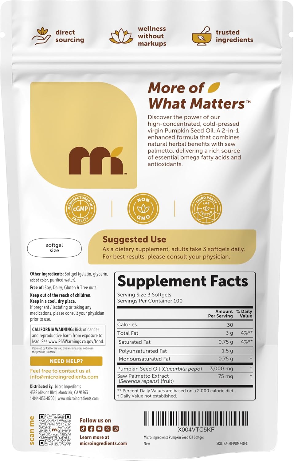 Micro Ingredients Pumpkin Seed Oil with Saw Palmetto,300 Softgels | Cold Pressed, Pure Virgin Oil, Essential Fatty Acids, & Phytosterols | Non-GMO