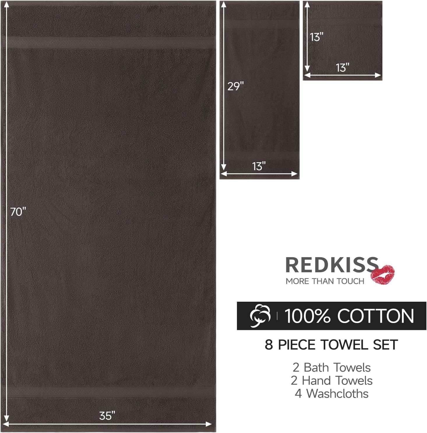REDKISS 8 Piece Cotton Towel Sets for Bathroom - 2 Oversized Bath Sheets (35x70 in), 2 Hand, 4 Washcloth, Super Soft Quick Dry Highly Absorbent Brown Bath Towel Set for Home Gym Dorm Spa