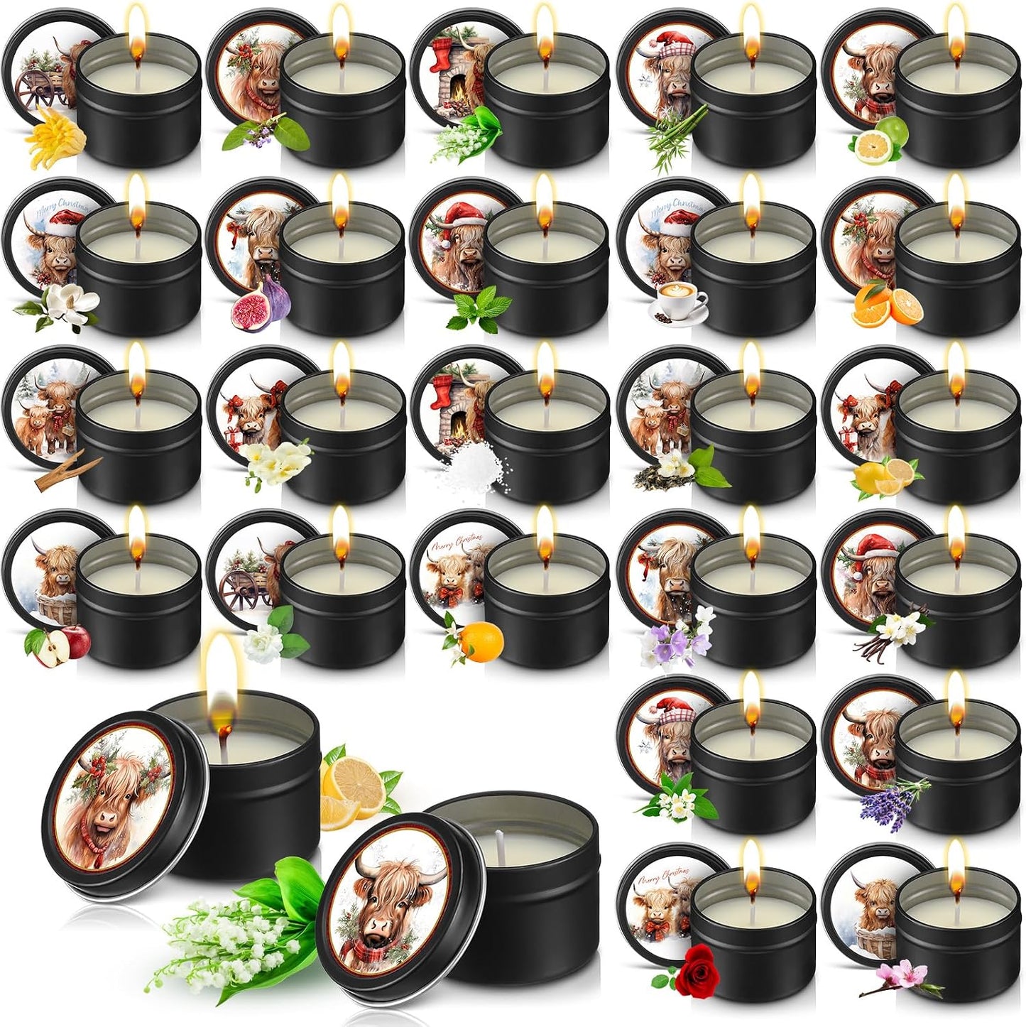 Nuanchu 24 Pack Christmas Scented Candles Gift Set Highland Cattle Candle for Her Him 2oz Natural Soy Wax Jar Long Lasting Aromatherapy Bulk Favors Set for Christmas Party Home Decor