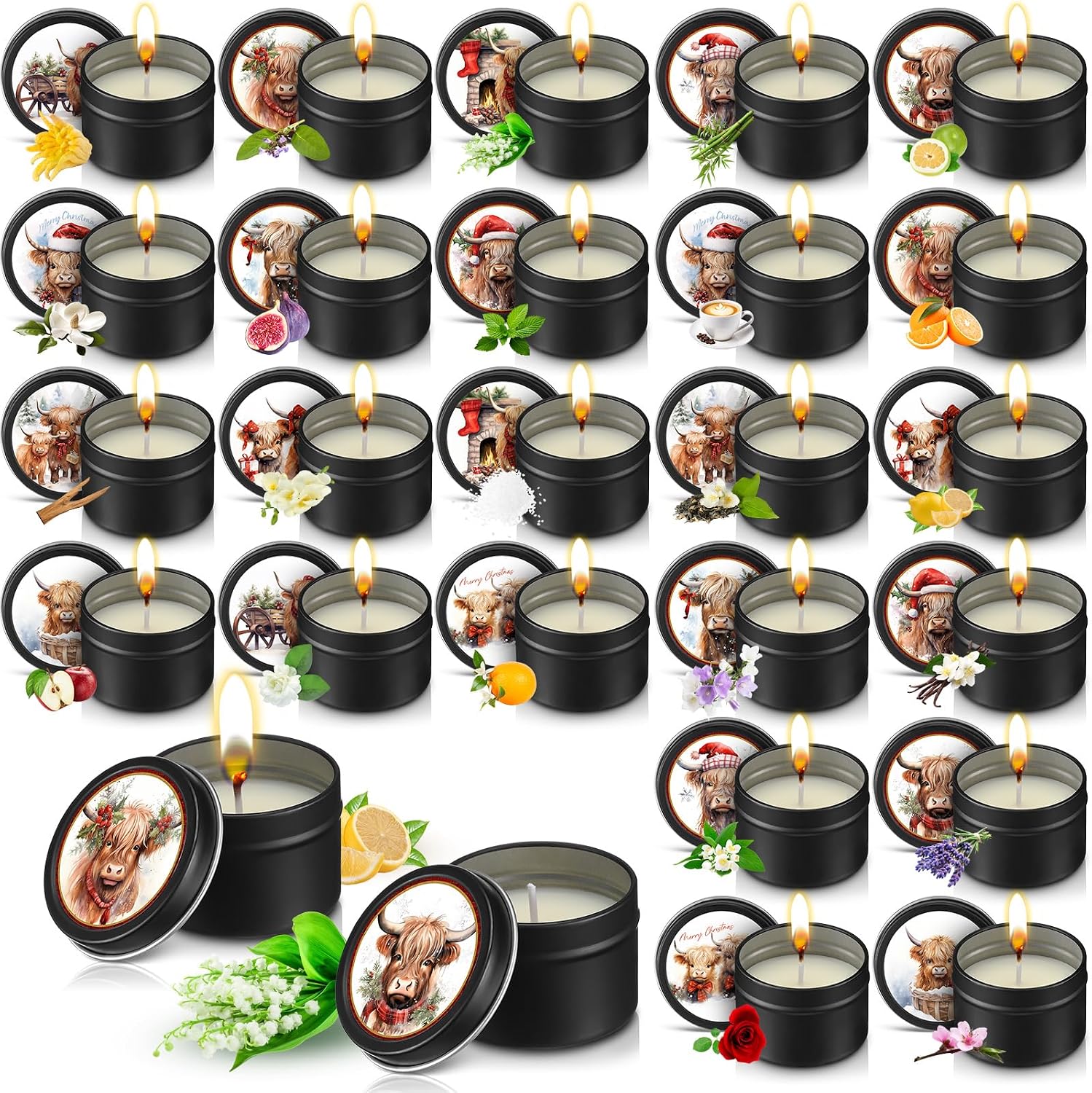 Nuanchu 24 Pack Christmas Scented Candles Gift Set Highland Cattle Candle for Her Him 2oz Natural Soy Wax Jar Long Lasting Aromatherapy Bulk Favors Set for Christmas Party Home Decor